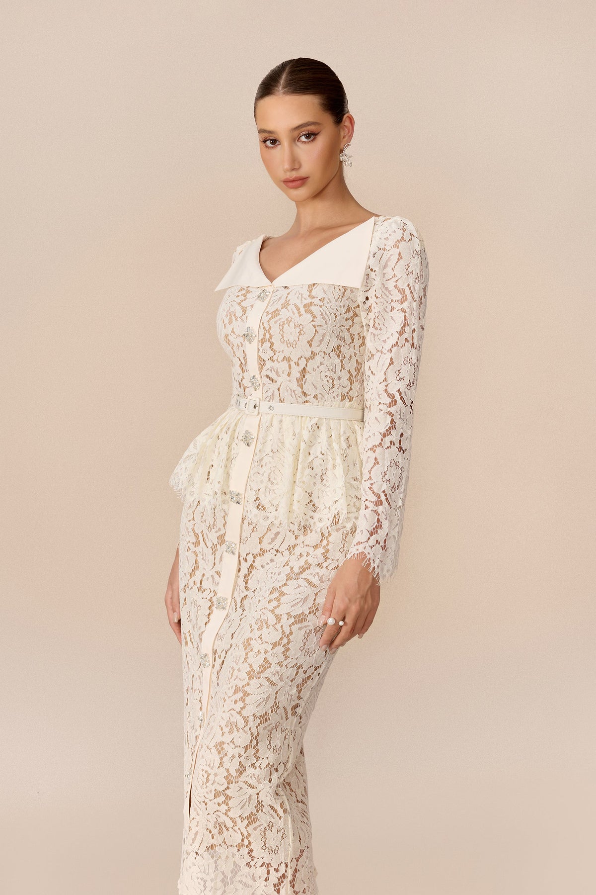 Beige Floral Lace Belted Lapel V Collar Wedding Guest Midi Dress