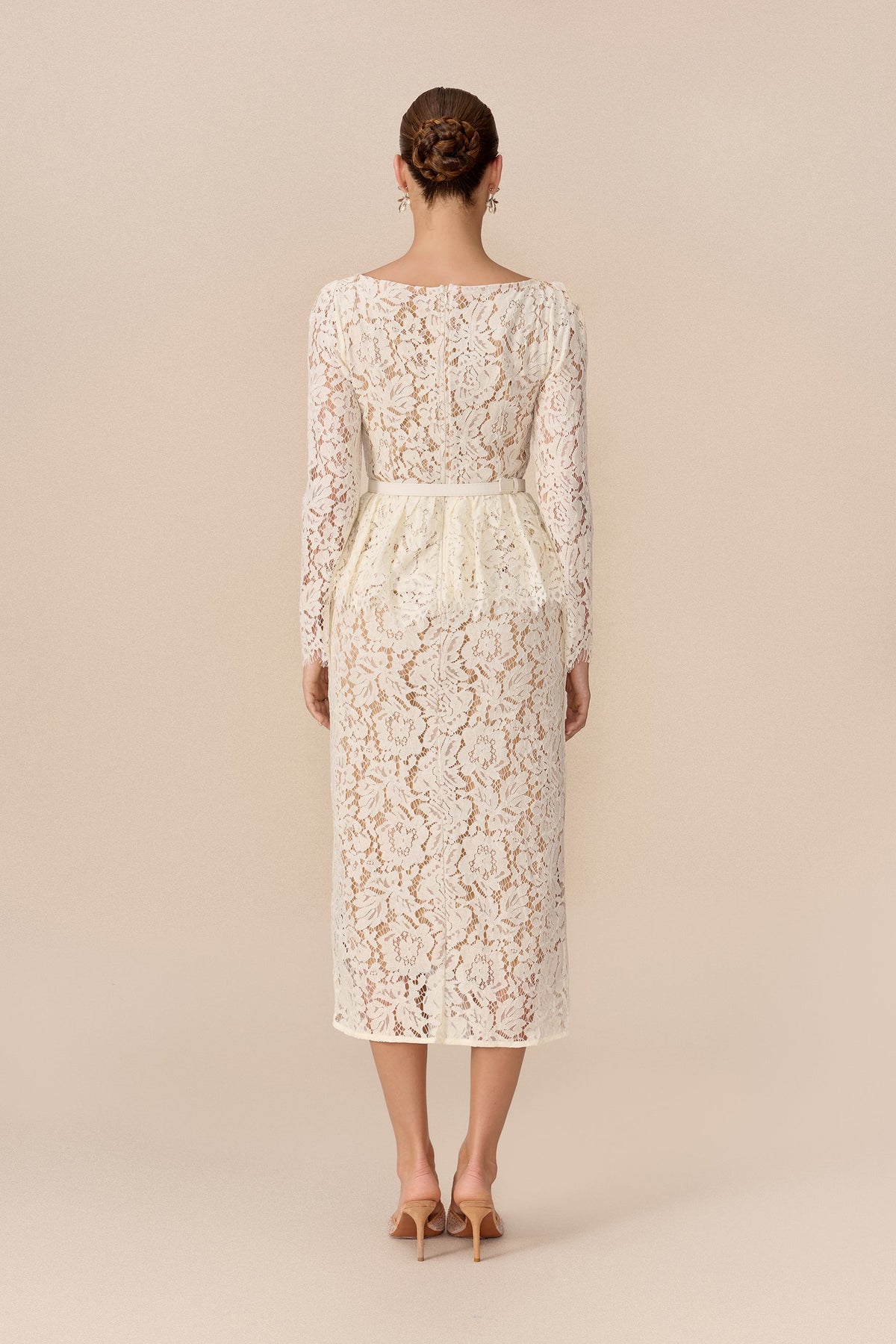 Beige Floral Lace Belted Lapel V Collar Wedding Guest Midi Dress