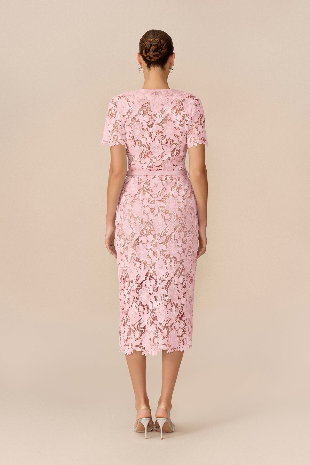 Pink Floral Lace Belted Short-Sleeve Midi Dress