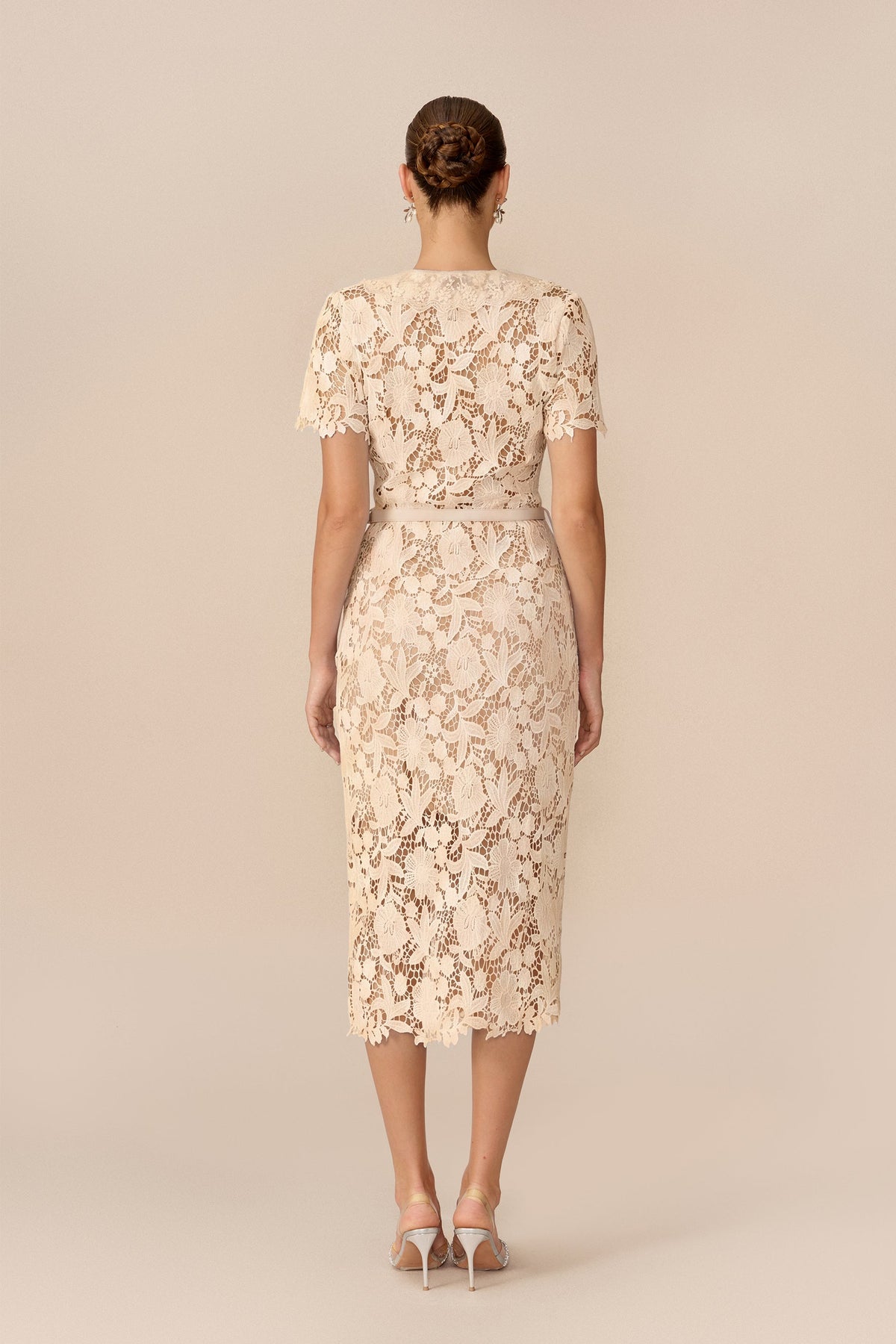 Floral Lace Belted Short-Sleeve Midi Dress