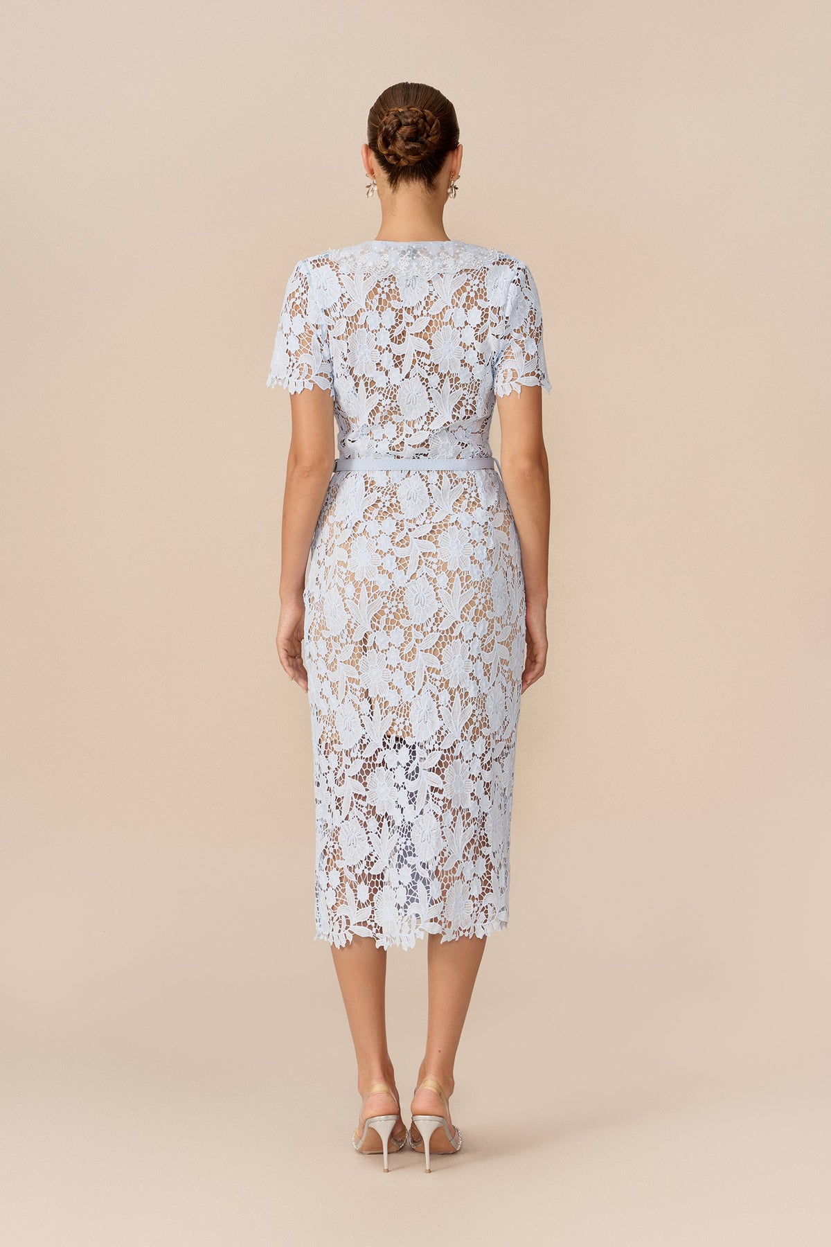 Blue Floral Lace Belted Short-Sleeve Midi Dress