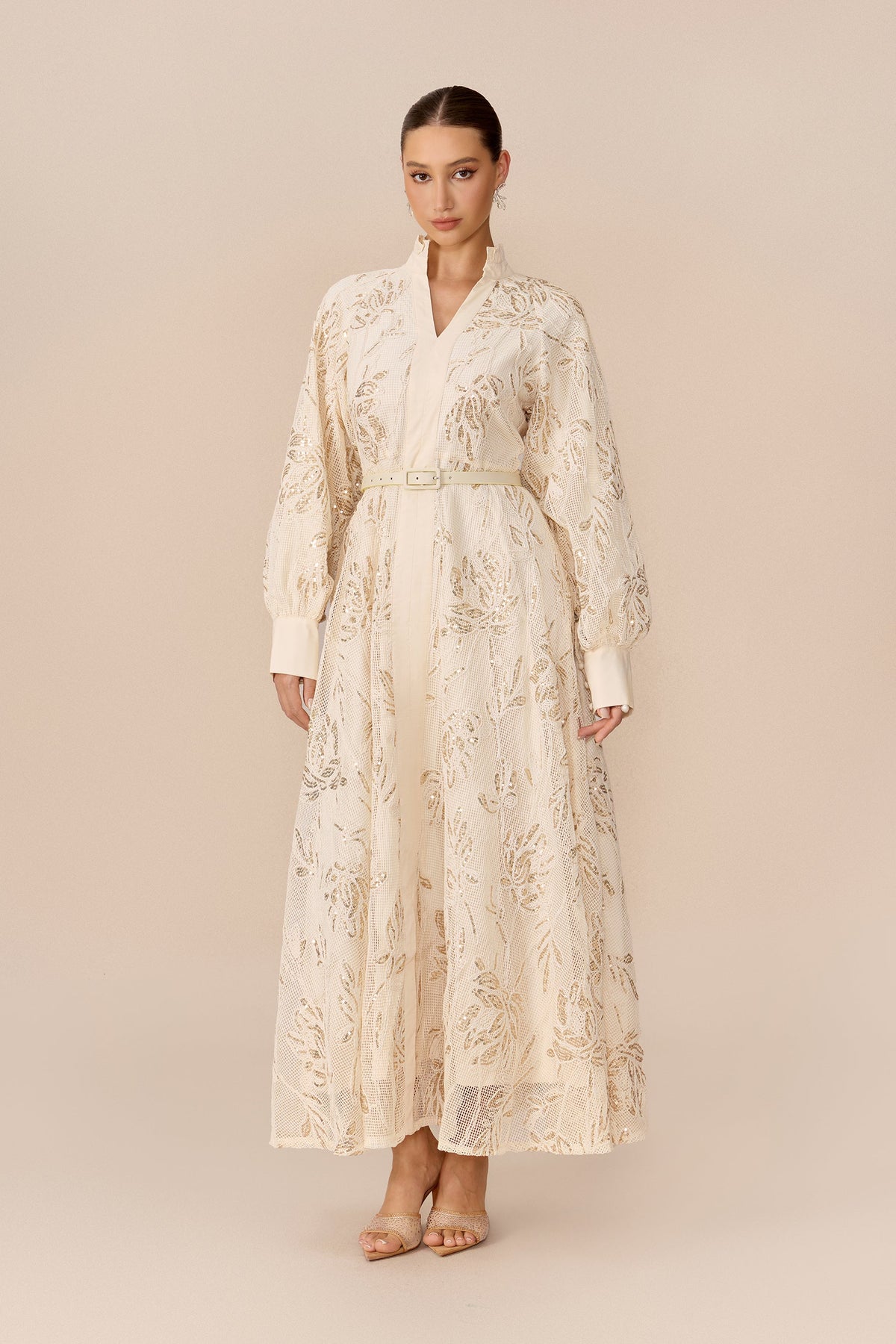 Beige Mesh Floral Sequin Belted Balloon-Sleeve Maxi Dress