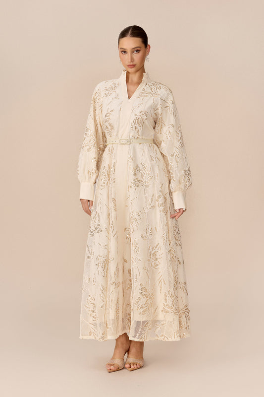 Beige Mesh Floral Sequin Belted Balloon-Sleeve Maxi Dress