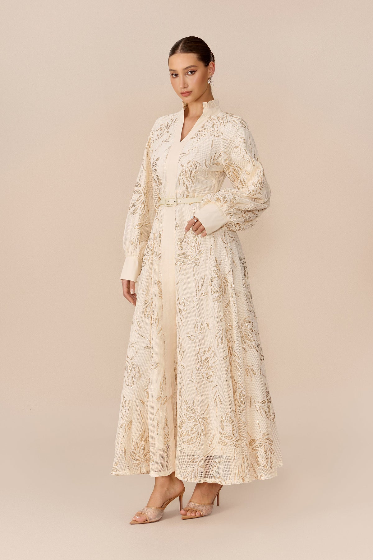 Beige Mesh Floral Sequin Belted Balloon-Sleeve Maxi Dress