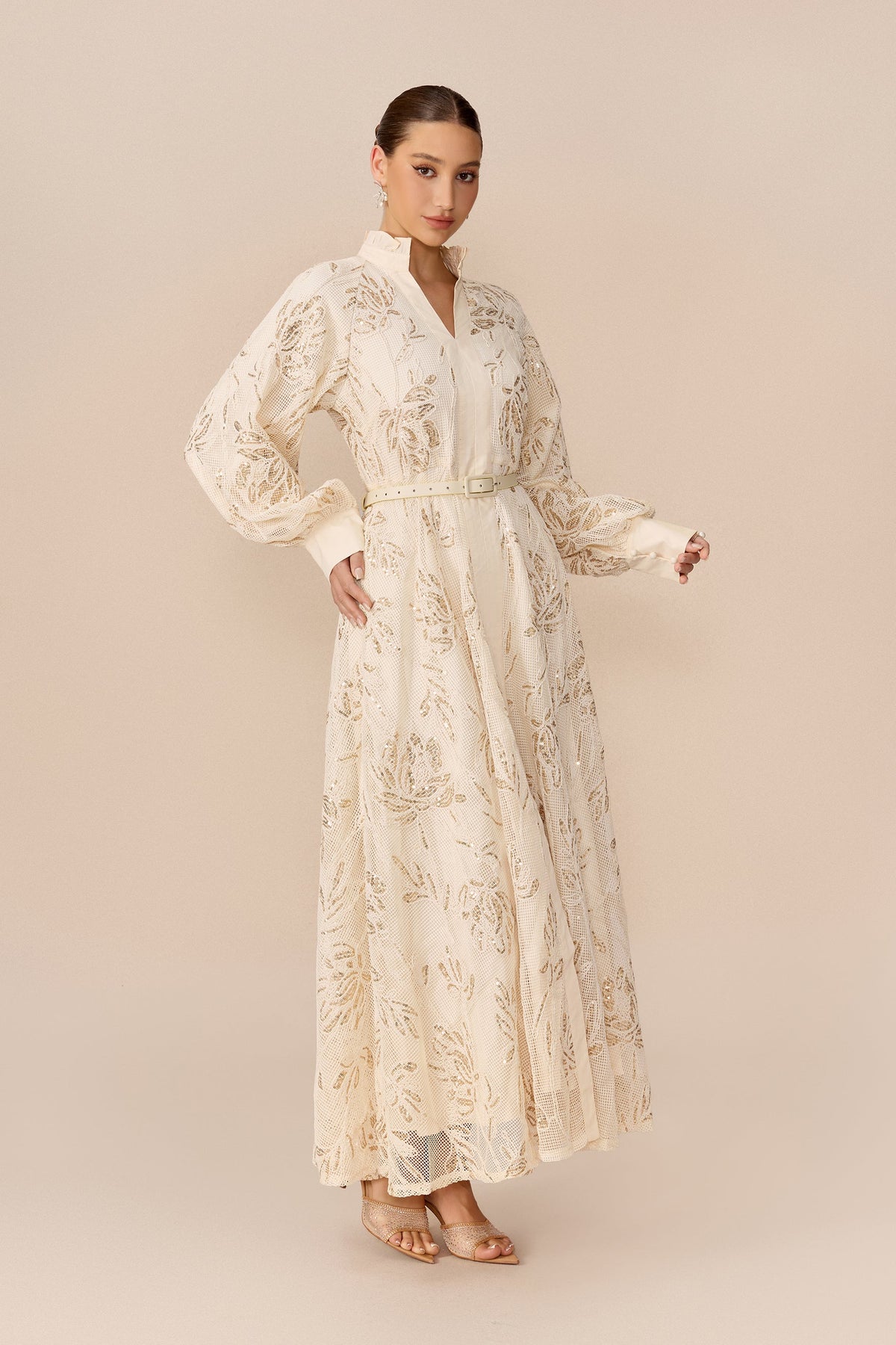 Beige Mesh Floral Sequin Belted Balloon-Sleeve Maxi Dress