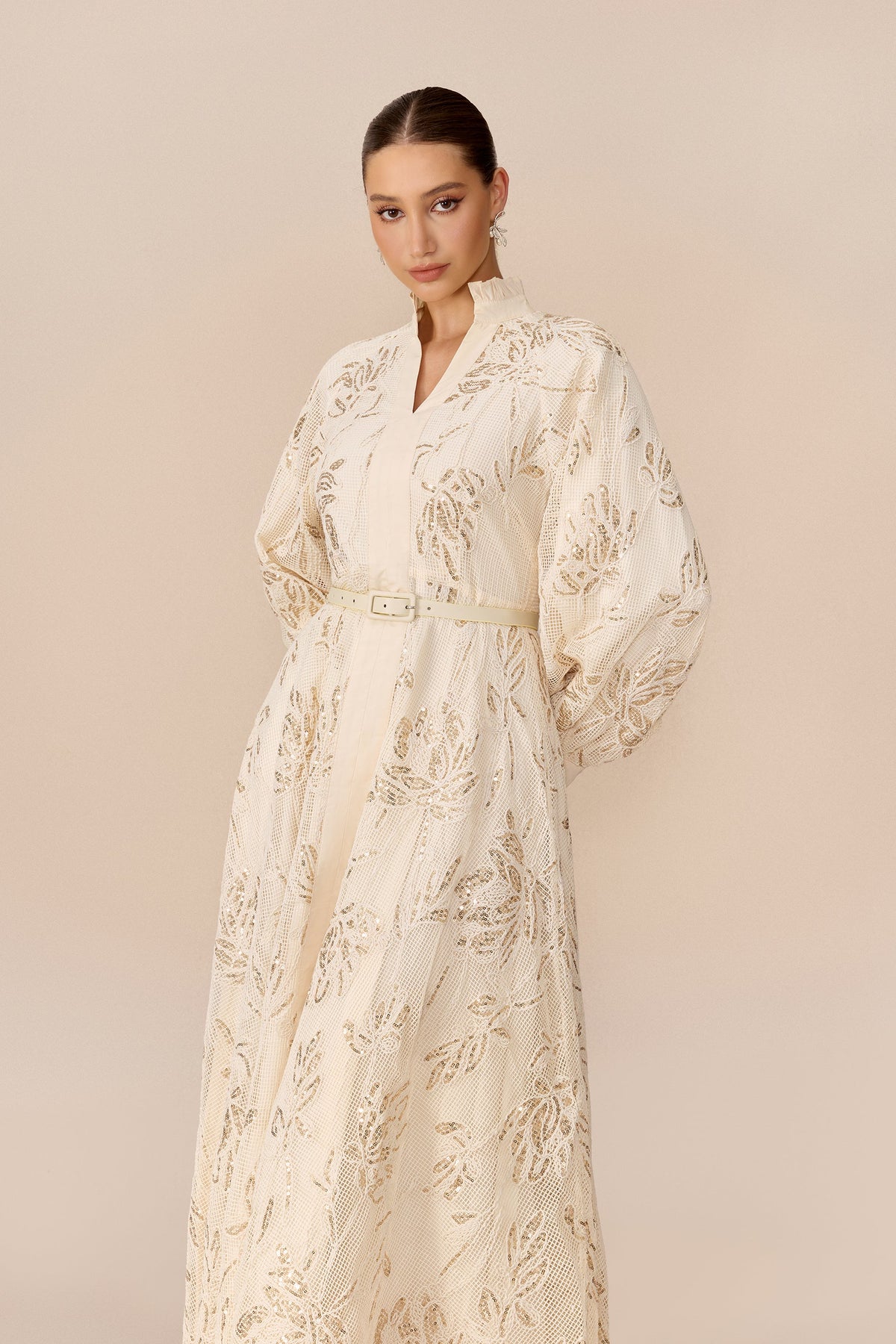 Beige Mesh Floral Sequin Belted Balloon-Sleeve Maxi Dress