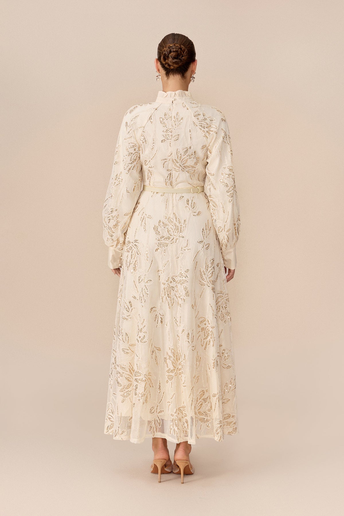 Beige Mesh Floral Sequin Belted Balloon-Sleeve Maxi Dress