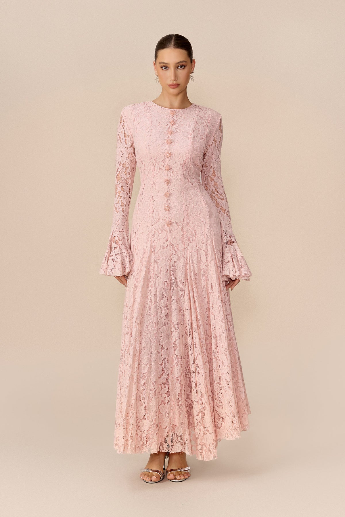 Pink Floral Lace Long Flared Sleeves Wedding Guest Maxi Dress