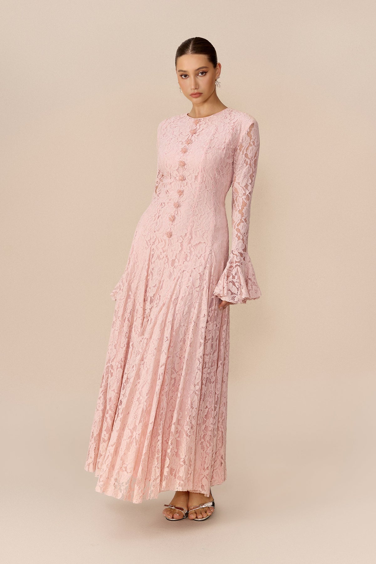 Pink Floral Lace Long Flared Sleeves Wedding Guest Maxi Dress