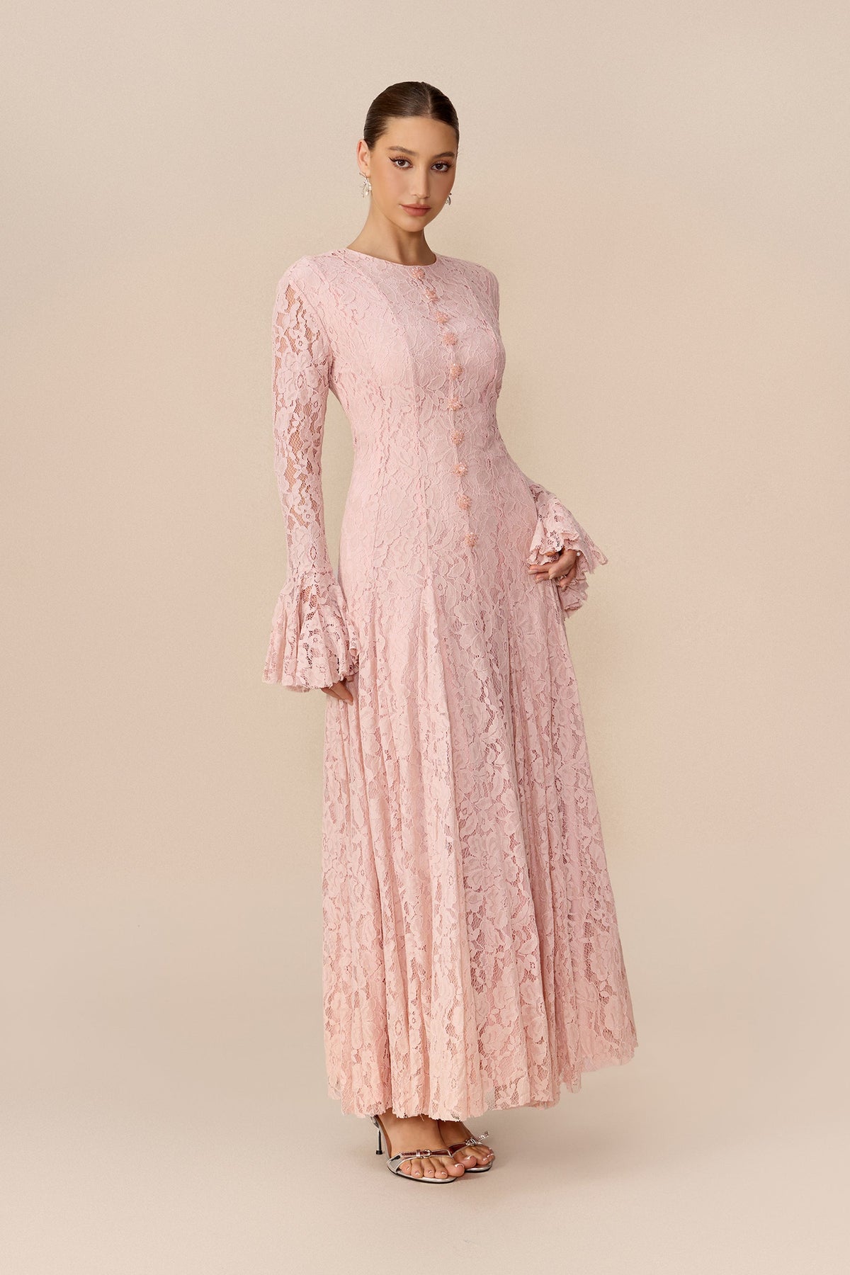 Pink Floral Lace Long Flared Sleeves Wedding Guest Maxi Dress