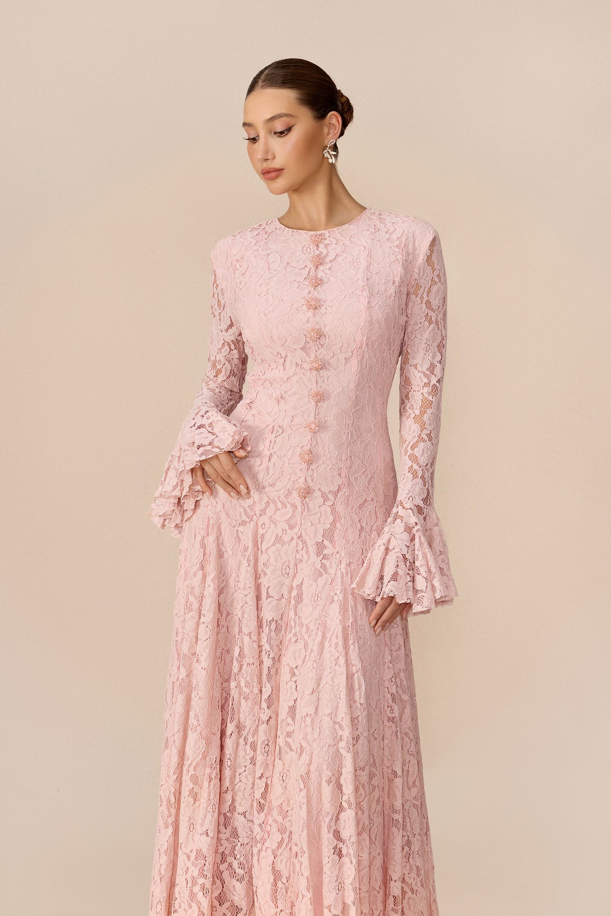 Pink Floral Lace Long Flared Sleeves Wedding Guest Maxi Dress