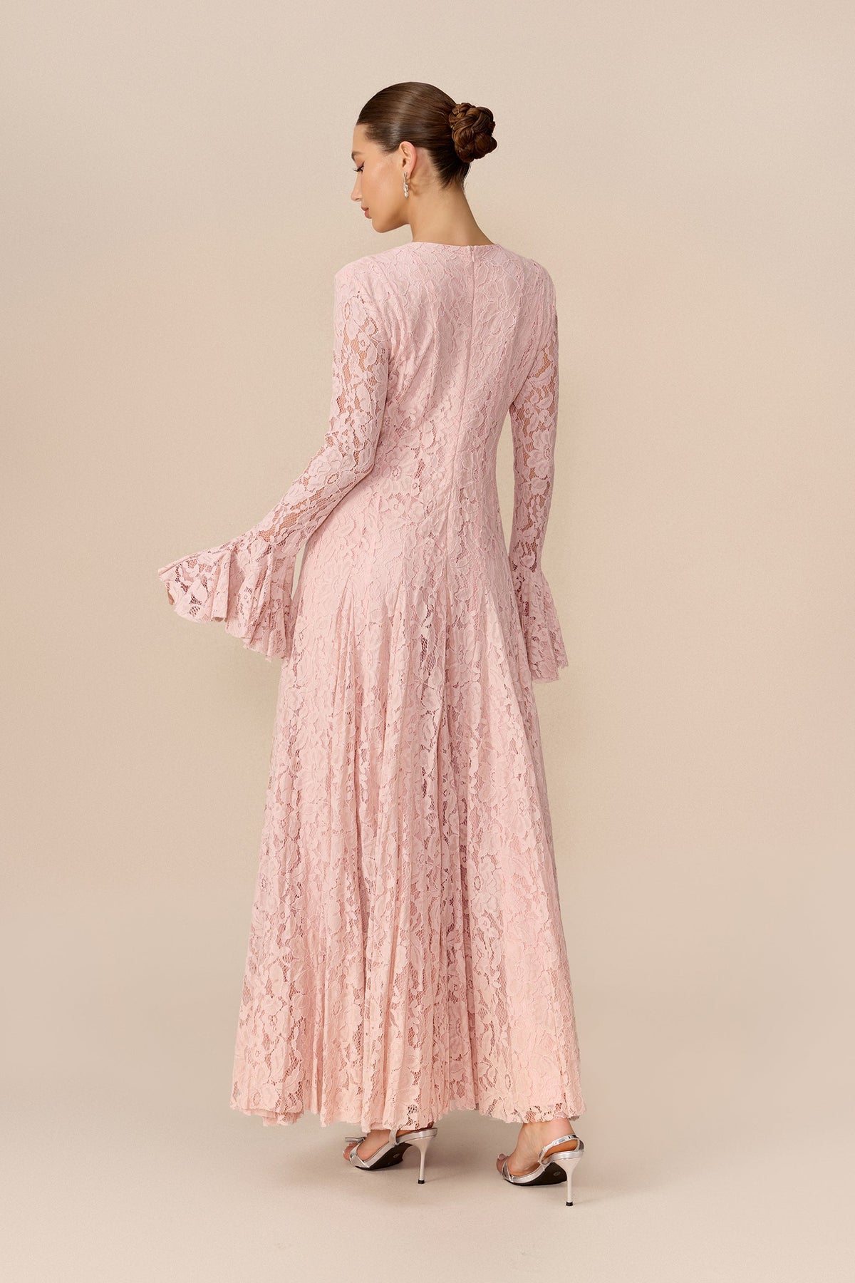 Pink Floral Lace Long Flared Sleeves Wedding Guest Maxi Dress