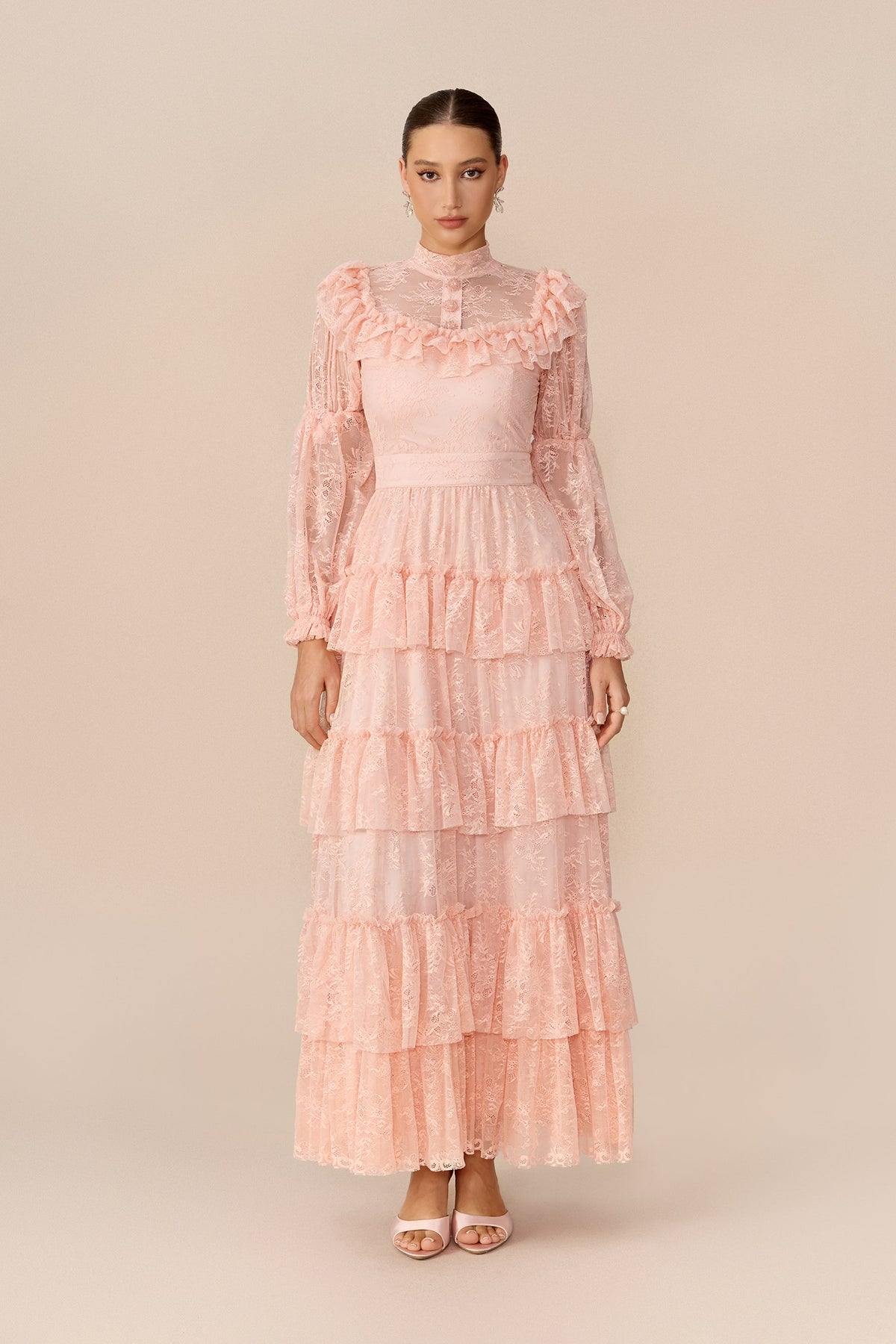 Pink Floral Lace Tiered Long Puff-Sleeve Wedding Guest Maxi Dress