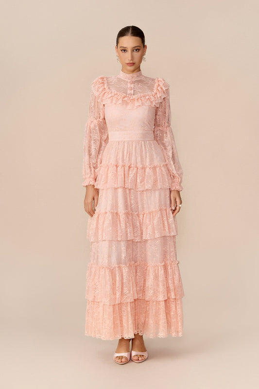 Pink Floral Lace Tiered Long Puff-Sleeve Wedding Guest Maxi Dress
