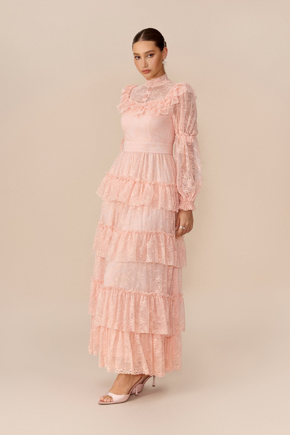 Pink Floral Lace Tiered Long Puff-Sleeve Wedding Guest Maxi Dress