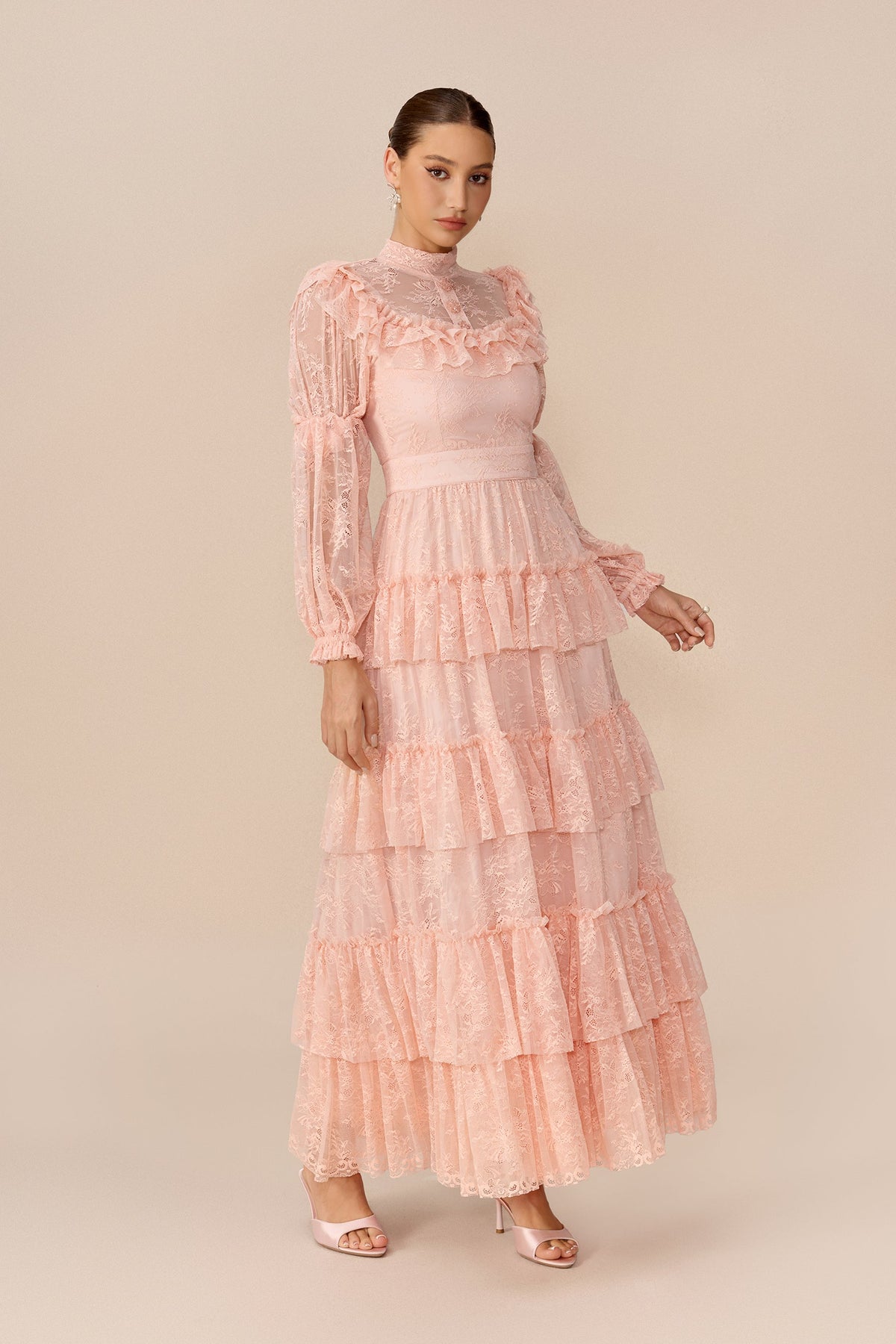 Pink Floral Lace Tiered Long Puff-Sleeve Wedding Guest Maxi Dress