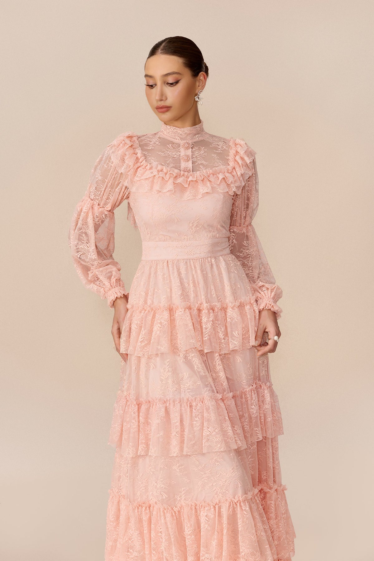 Pink Floral Lace Tiered Long Puff-Sleeve Wedding Guest Maxi Dress