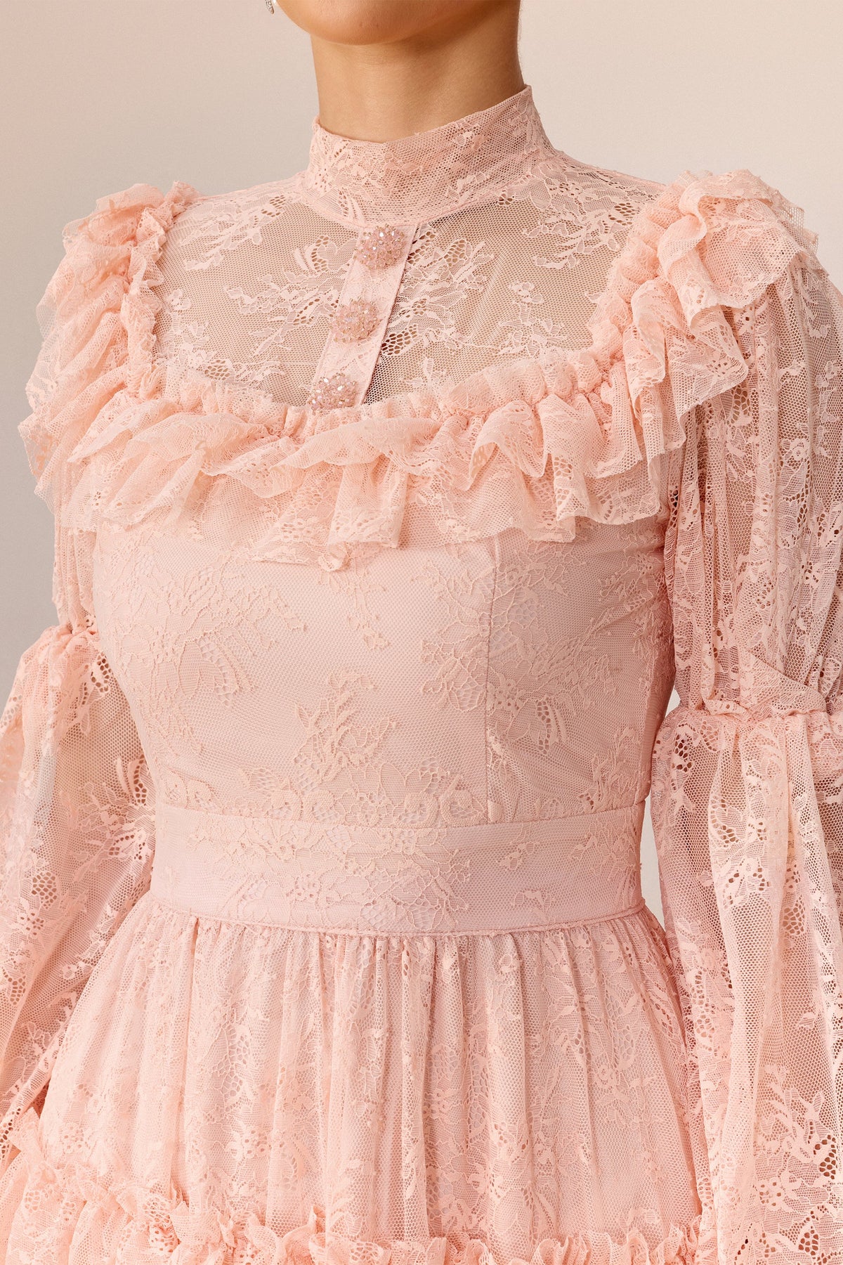 Pink Floral Lace Tiered Long Puff-Sleeve Wedding Guest Maxi Dress