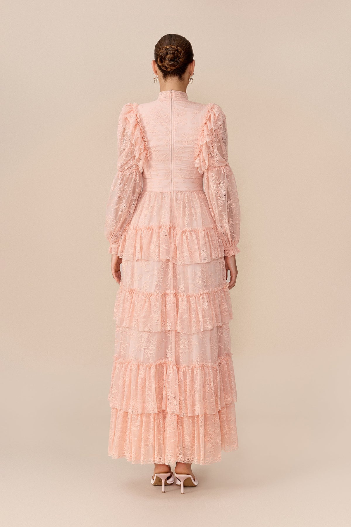 Pink Floral Lace Tiered Long Puff-Sleeve Wedding Guest Maxi Dress