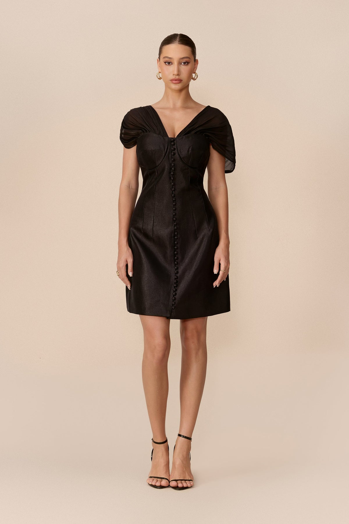 Black Satin Off-Shoulder Corset Ruched Short Mesh Sleeves Mini Dress