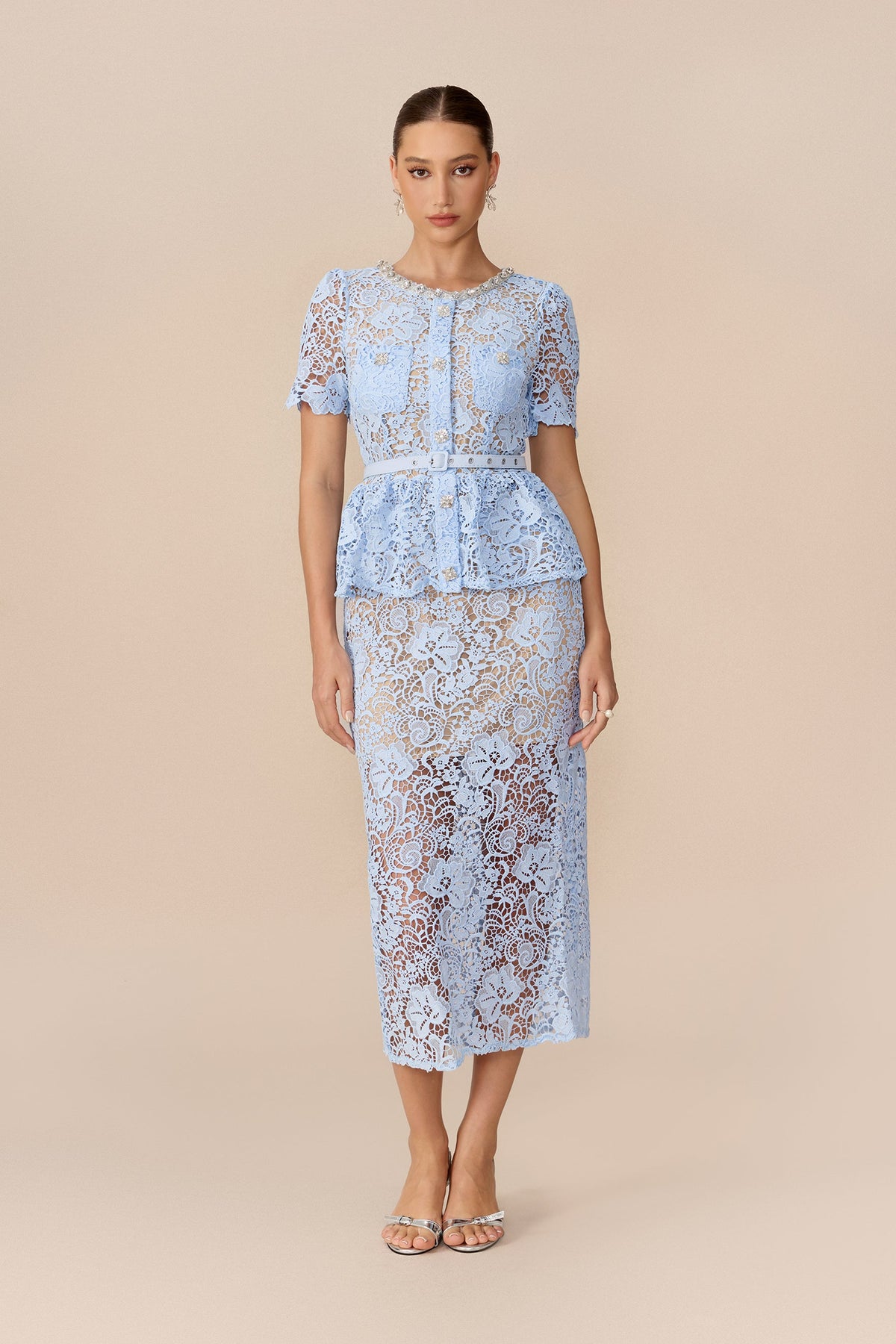 Blue Floral Lace Rhinestone Beaded Peplum Belted Midi Dress