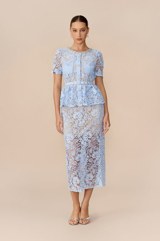 Blue Floral Lace Rhinestone Beaded Peplum Belted Midi Dress