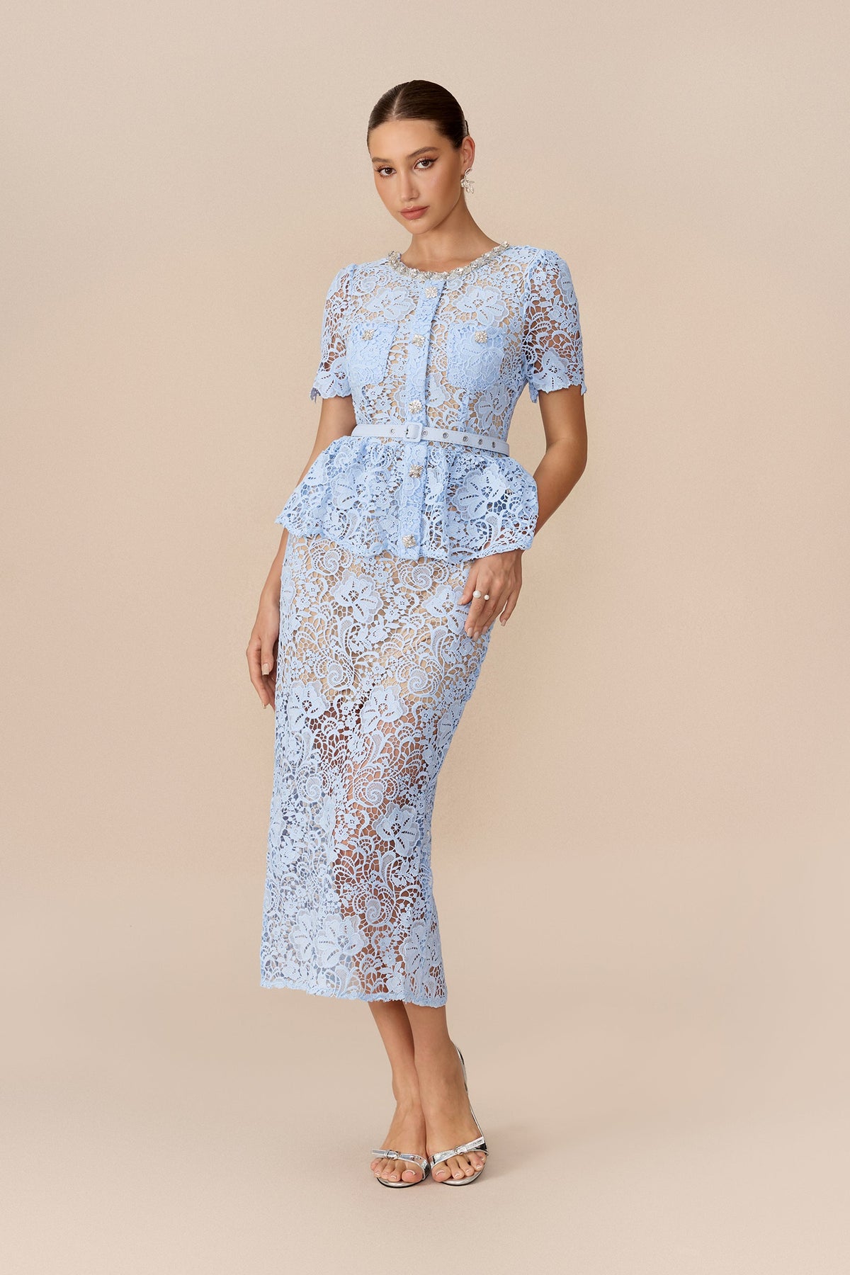 Blue Floral Lace Rhinestone Beaded Peplum Belted Midi Dress