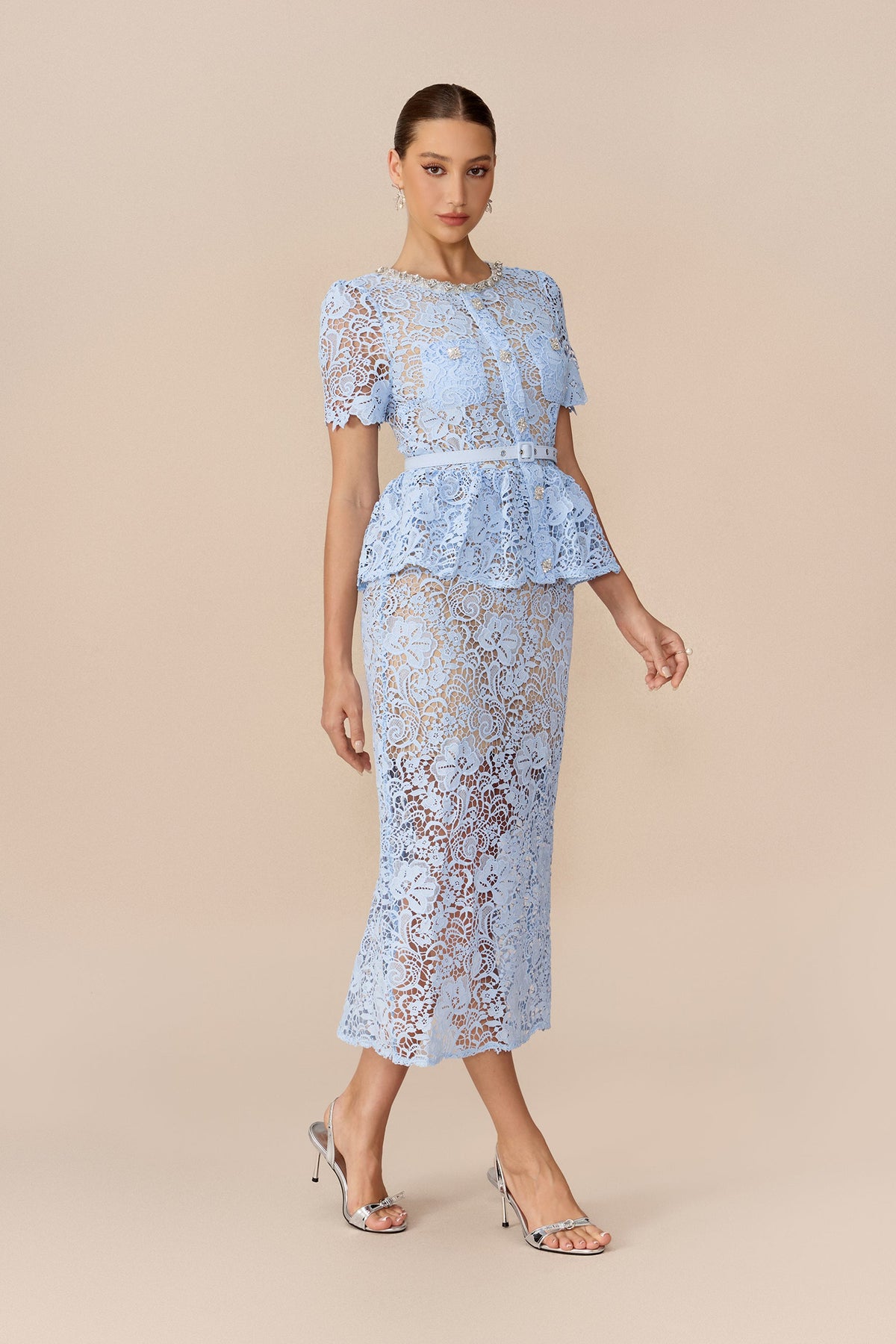 Blue Floral Lace Rhinestone Beaded Peplum Belted Midi Dress