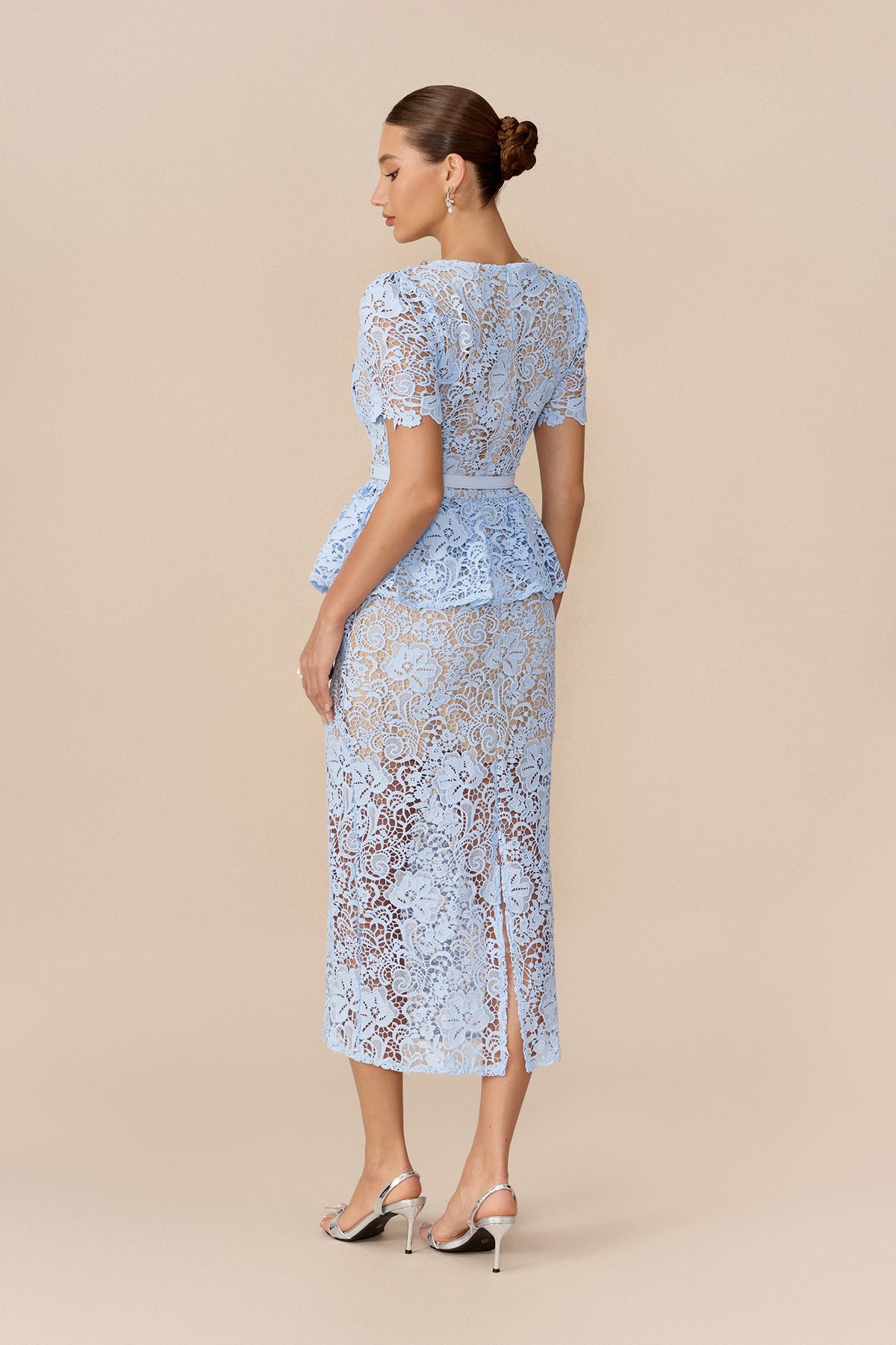 Blue Floral Lace Rhinestone Beaded Peplum Belted Midi Dress