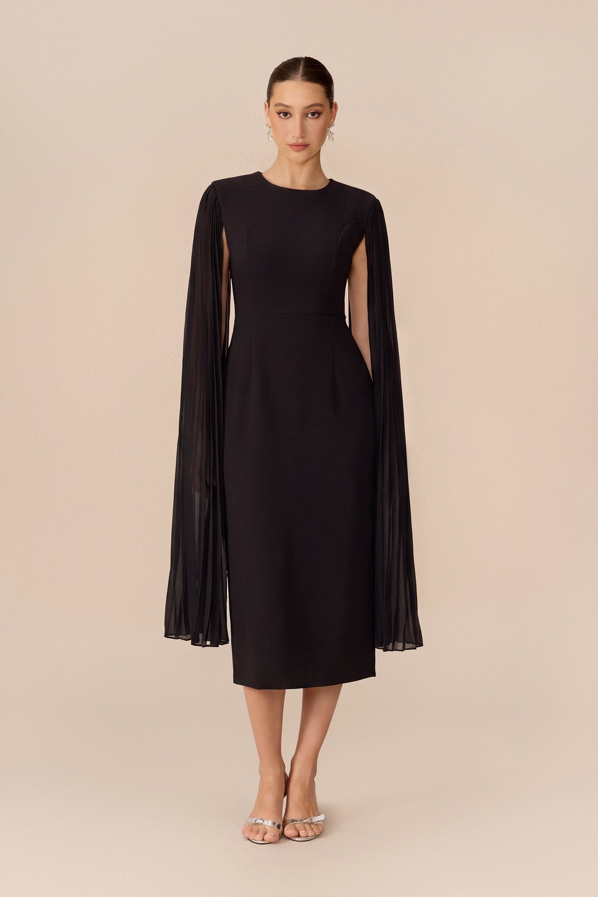 Black Pleated Cape Round Neck Formal Midi Dress