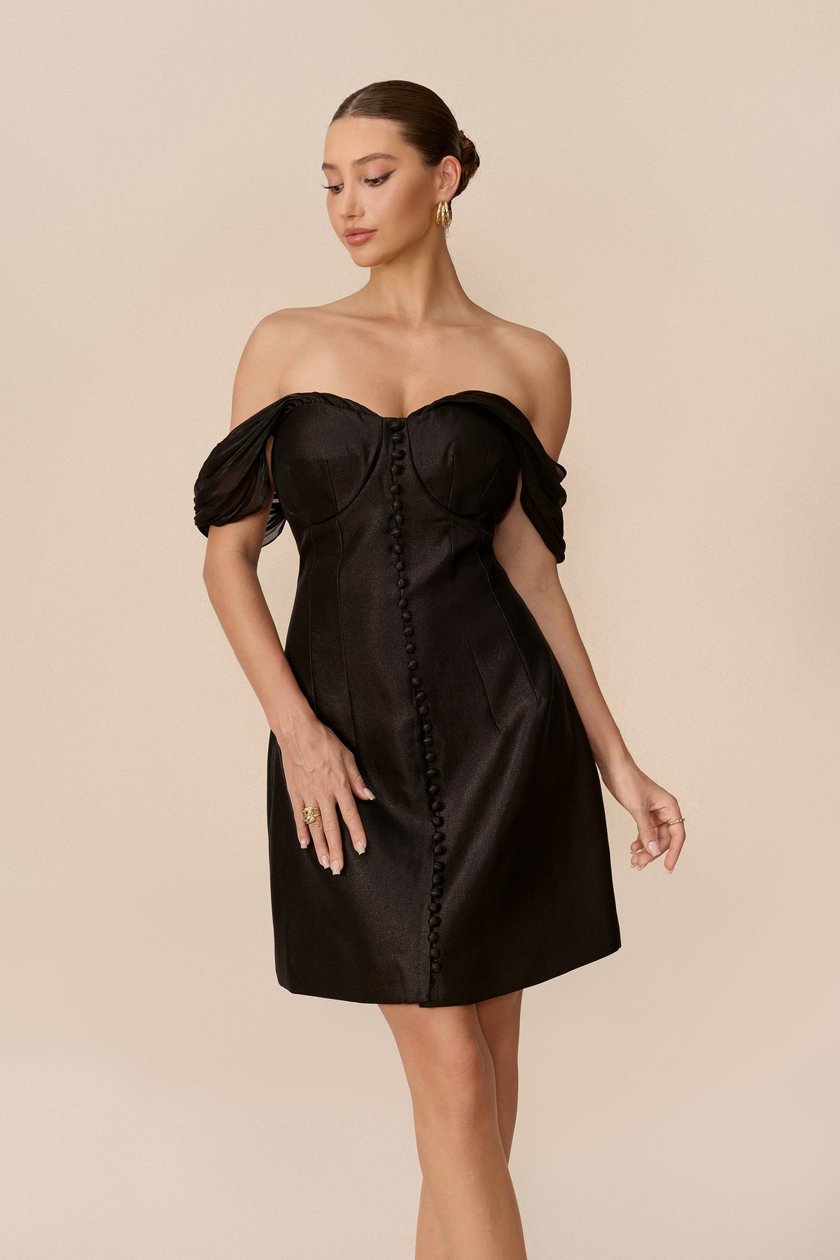 Black Satin Off-Shoulder Corset Ruched Short Mesh Sleeves Mini Dress