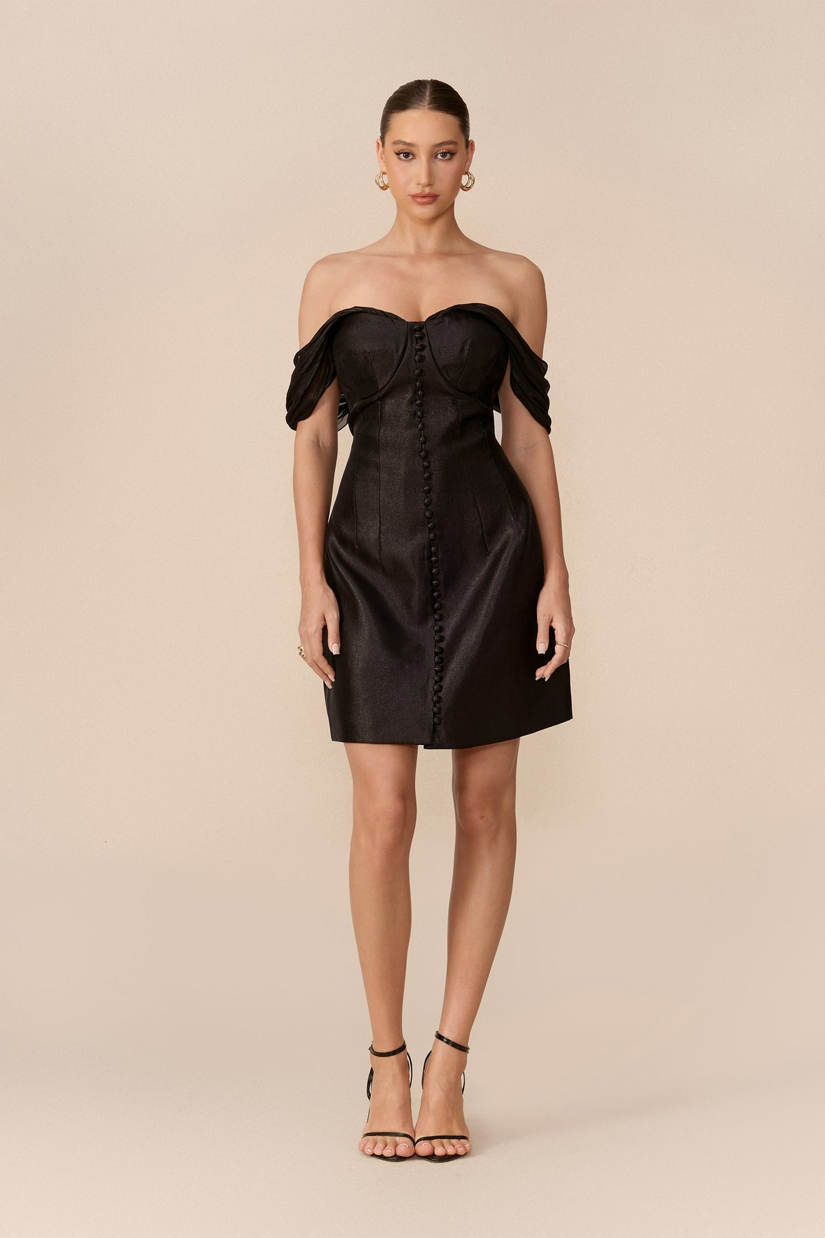 Black Satin Off-Shoulder Corset Ruched Short Mesh Sleeves Mini Dress