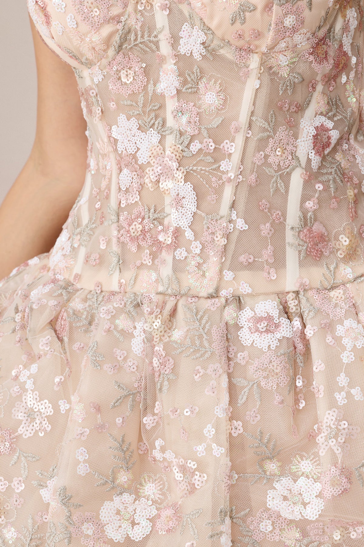 Apricot Floral Embroidered Tulle Corset Party Mini Dress