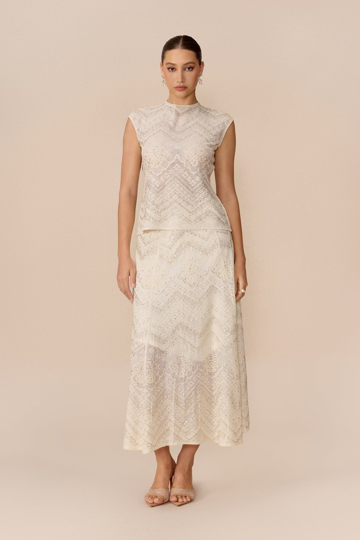 Beige Rhinestone Lace High-Neck Cropped Top & Midi Skirt Set