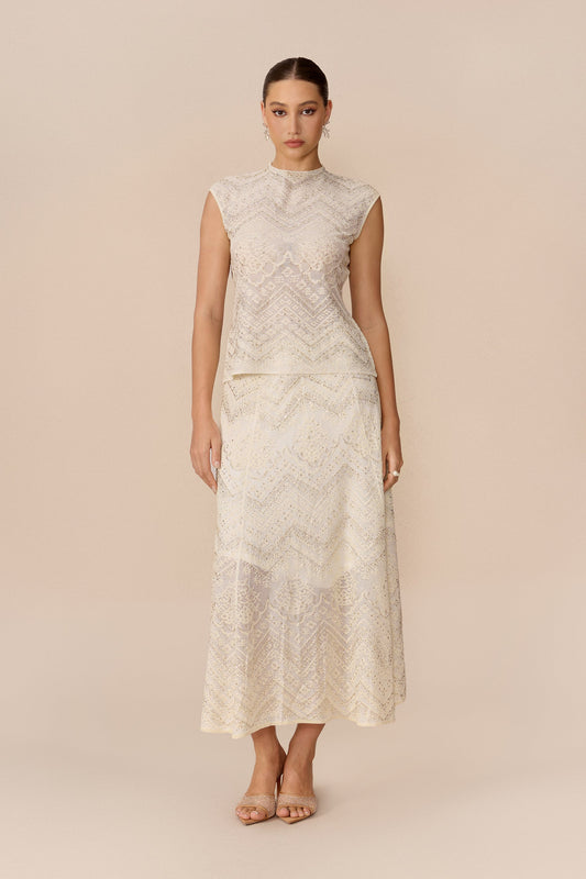 Beige Rhinestone Lace High-Neck Cropped Top & Midi Skirt Set