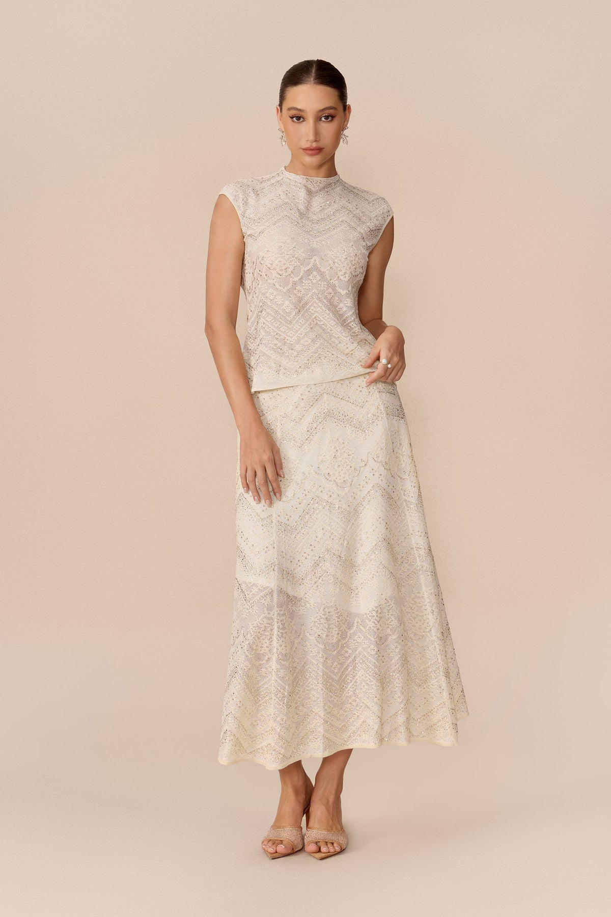 Beige Rhinestone Lace High-Neck Cropped Top & Midi Skirt Set