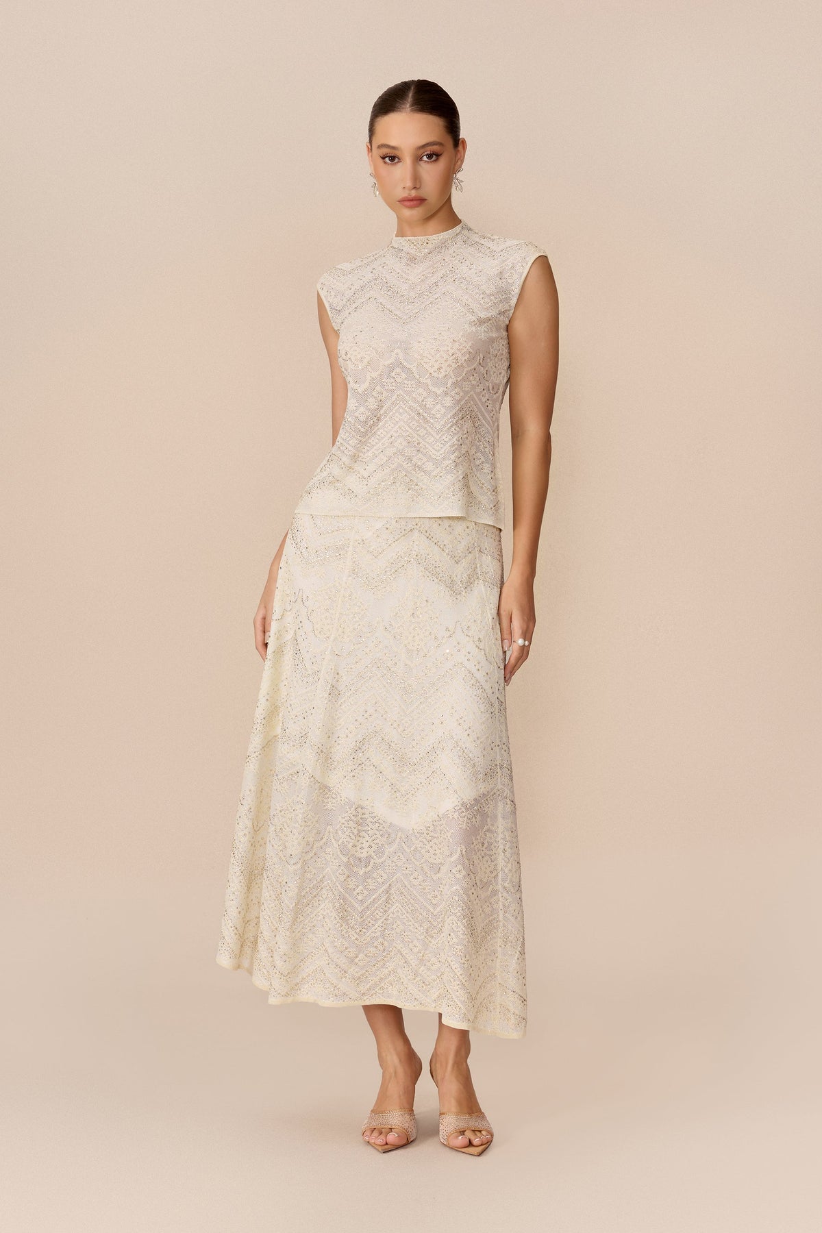 Beige Rhinestone Lace High-Neck Cropped Top & Midi Skirt Set