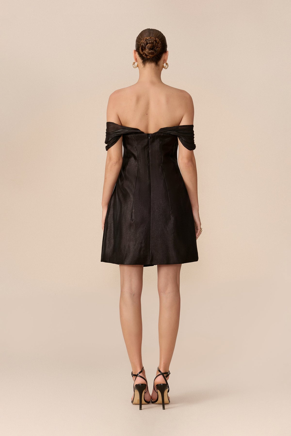 Black Satin Off-Shoulder Corset Ruched Short Mesh Sleeves Mini Dress