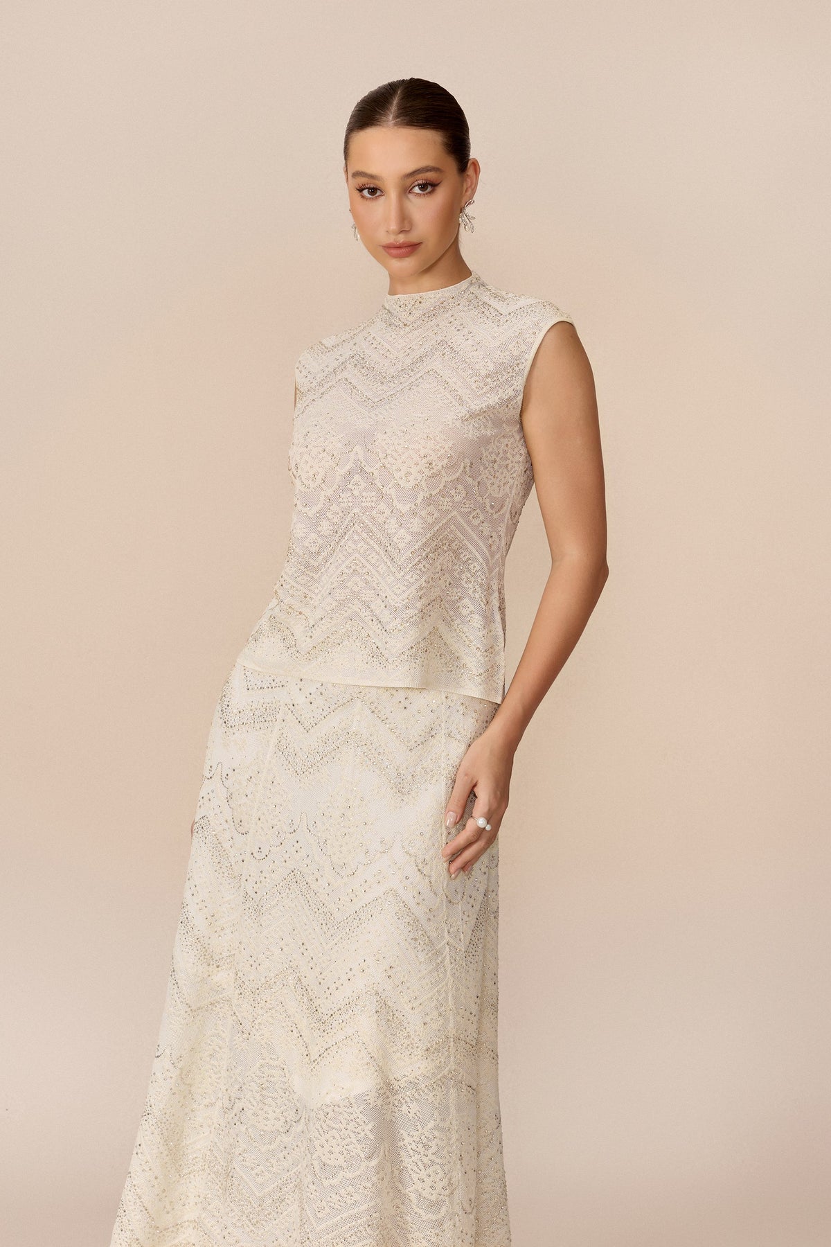 Beige Rhinestone Lace High-Neck Cropped Top & Midi Skirt Set