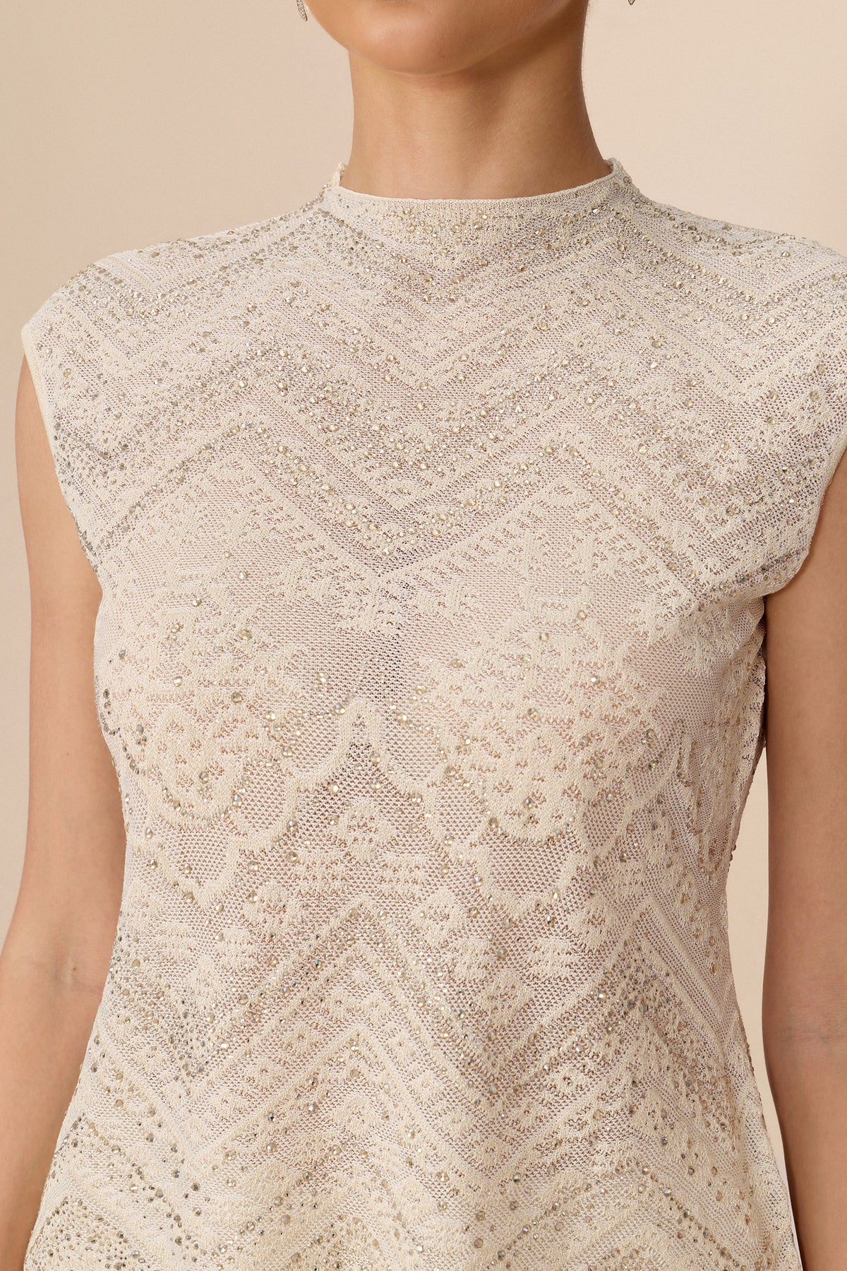 Beige Rhinestone Lace High-Neck Cropped Top & Midi Skirt Set