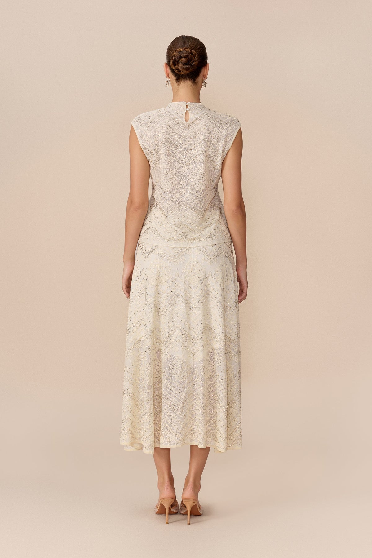 Beige Rhinestone Lace High-Neck Cropped Top & Midi Skirt Set