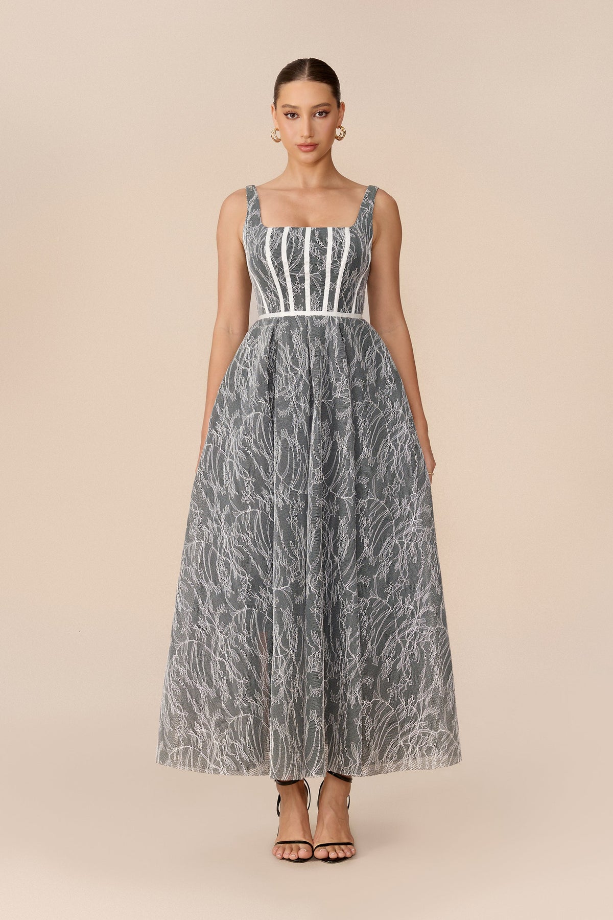 Grey Floral Lace Square-Neck Corset Bodice Wedding Guest Maxi Dress