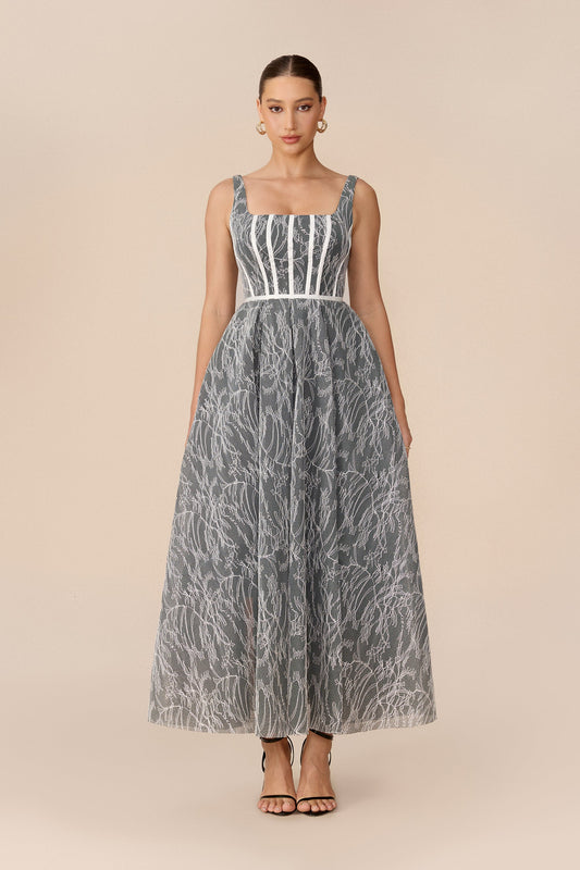 Grey Floral Lace Square-Neck Corset Bodice Wedding Guest Maxi Dress