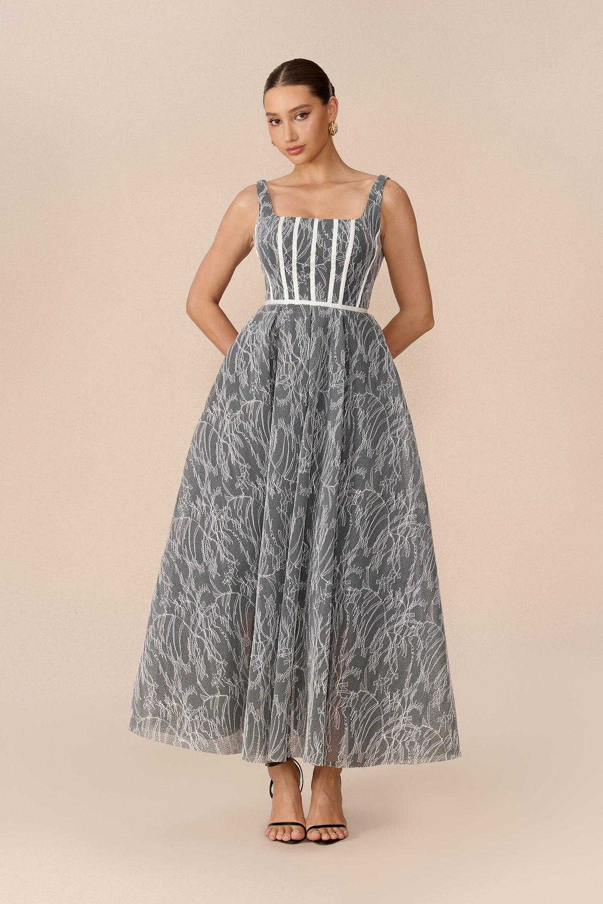Grey Floral Lace Square-Neck Corset Bodice Wedding Guest Maxi Dress