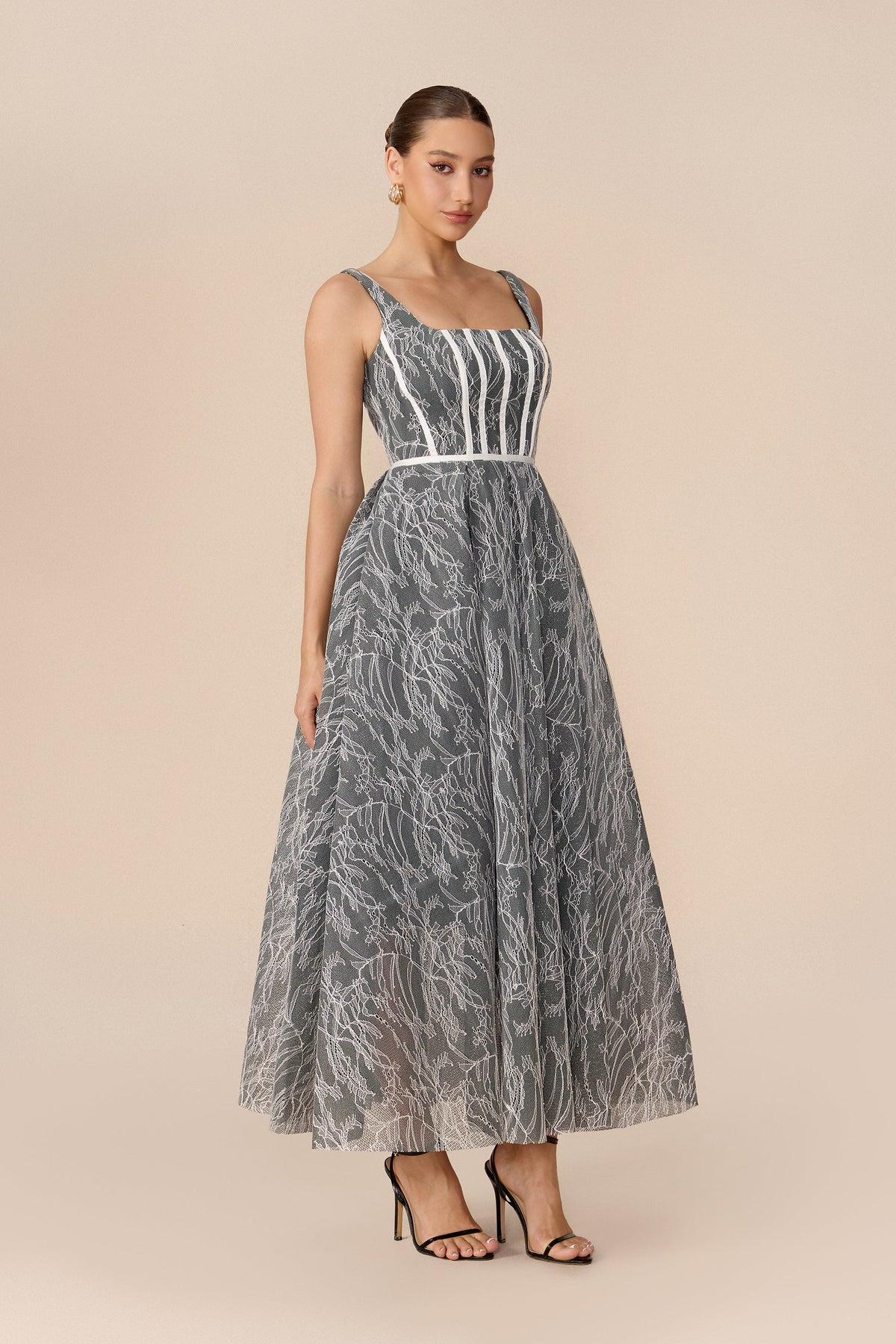 Grey Floral Lace Square-Neck Corset Bodice Wedding Guest Maxi Dress
