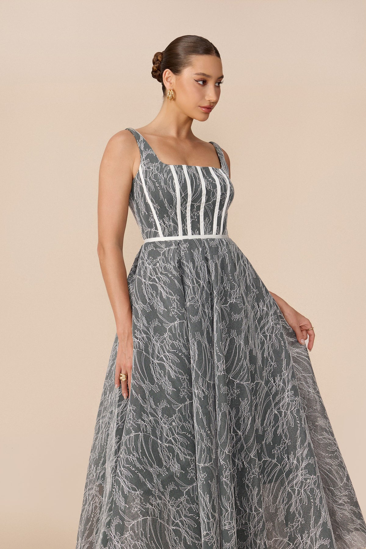Grey Floral Lace Square-Neck Corset Bodice Wedding Guest Maxi Dress