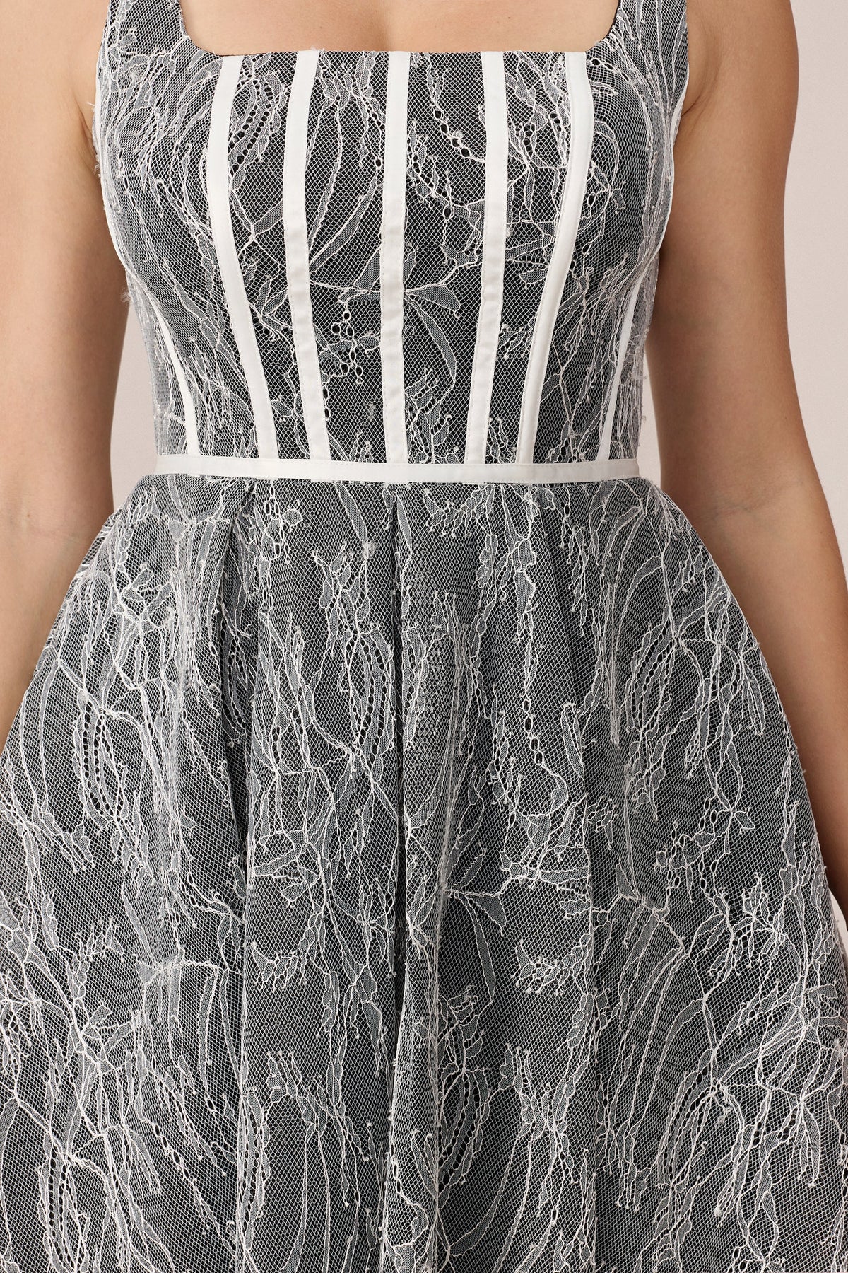 Grey Floral Lace Square-Neck Corset Bodice Wedding Guest Maxi Dress