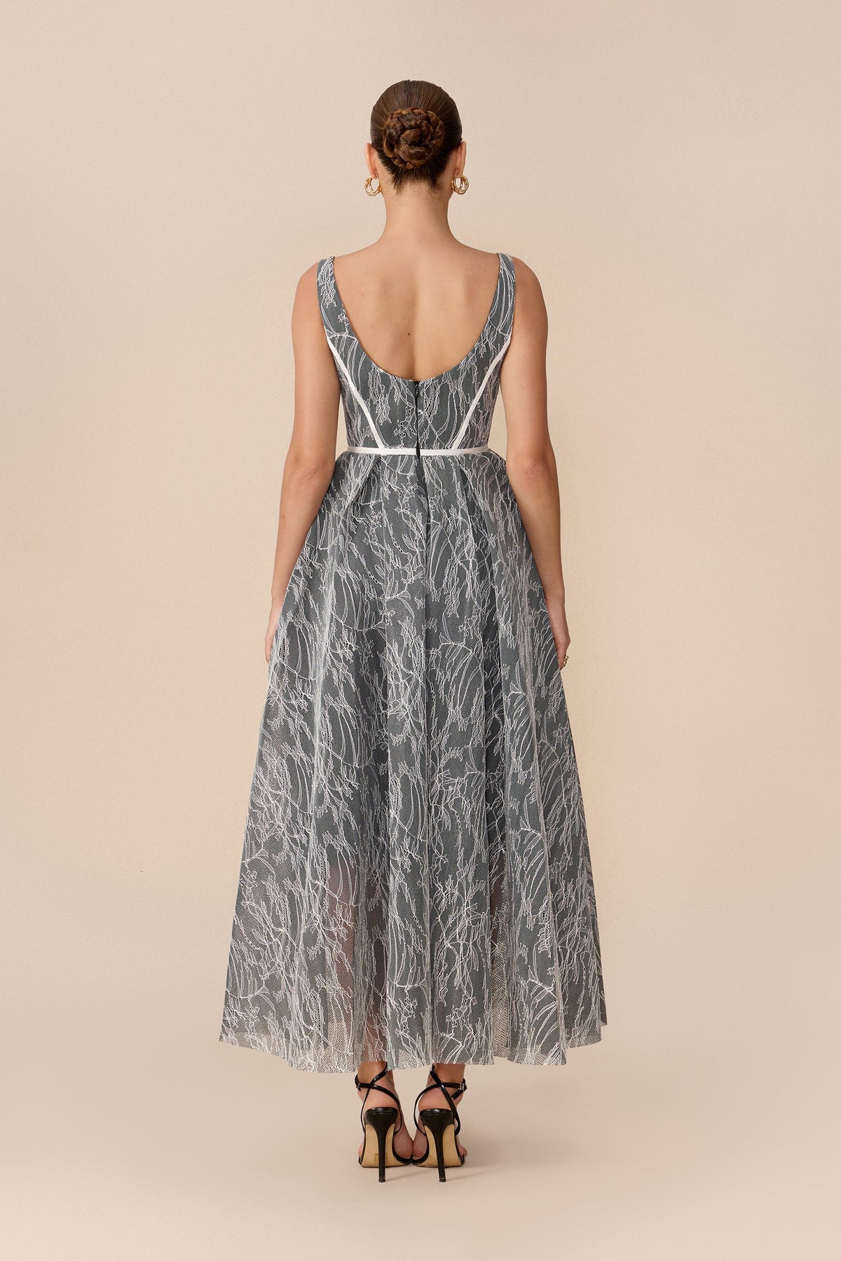 Grey Floral Lace Square-Neck Corset Bodice Wedding Guest Maxi Dress