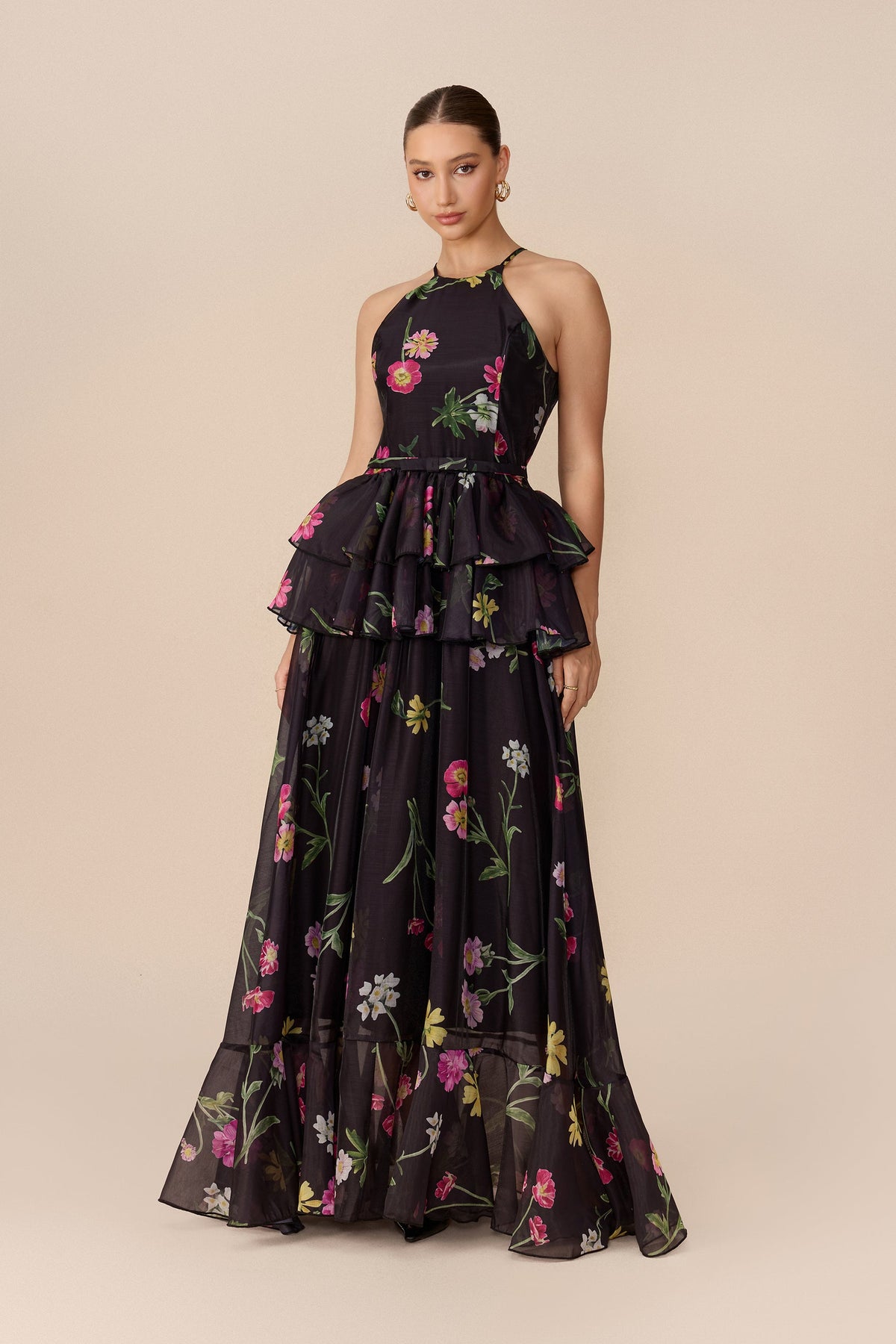 Black Floral Print Tiered Halter-Neck Sleeveless Maxi Dress