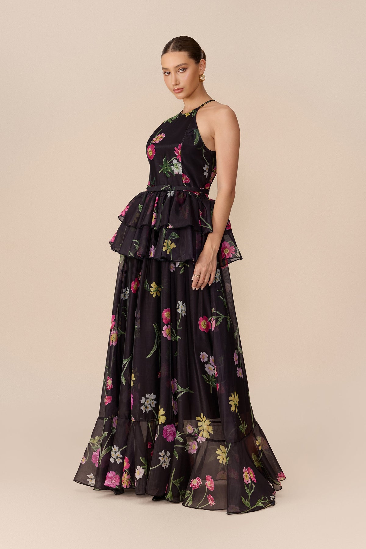 Black Floral Print Tiered Halter-Neck Sleeveless Maxi Dress